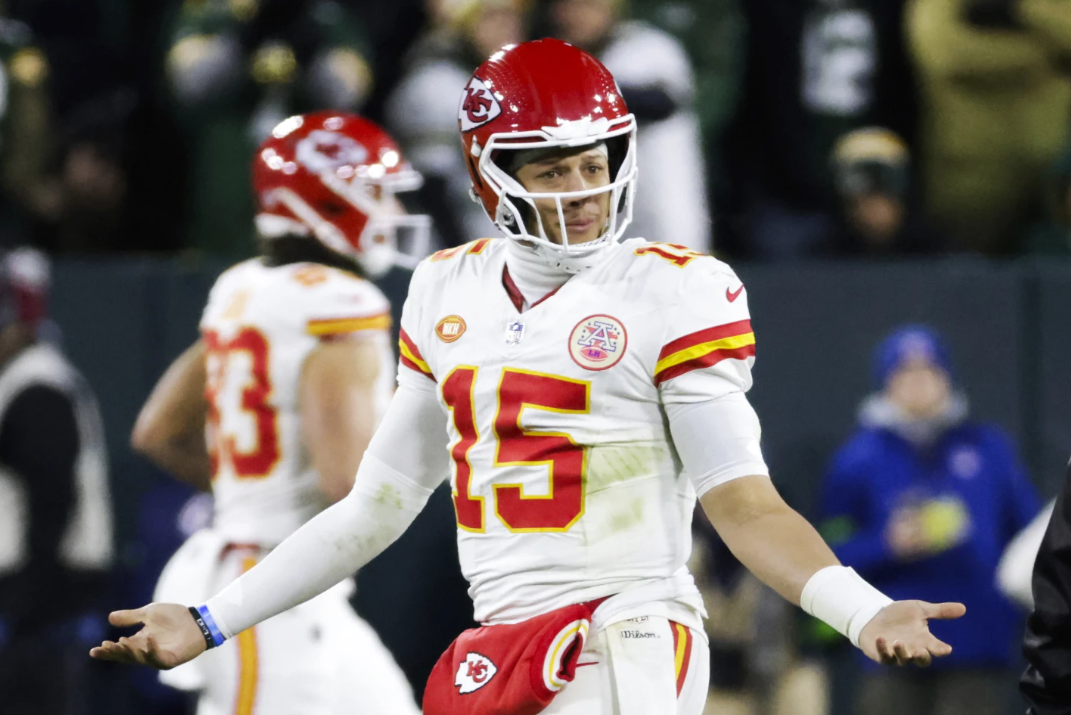 Kansas City Chiefs quarterback Patrick Mahomes questions a call against the Green Bay Packers during the second half of an NFL game Sunday, Dec. 3, 2023 in Green Bay, Wis.