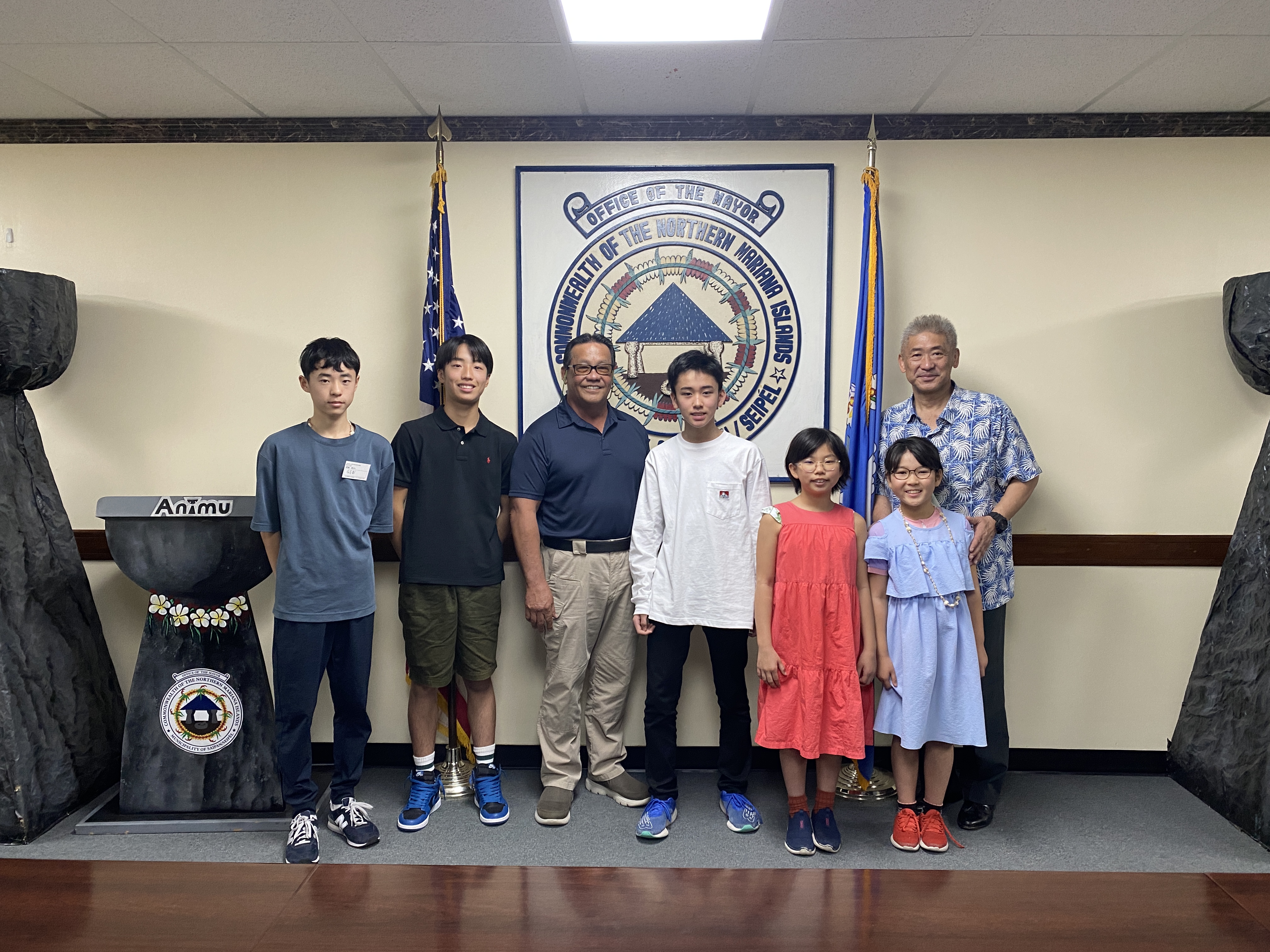 From left, Gempei Ojima, Yamato Maie, Mayor RB Camacho, Akifumi Shibata, China Kawasaki, Sara Kurauchi and Minoru Taniguchi.