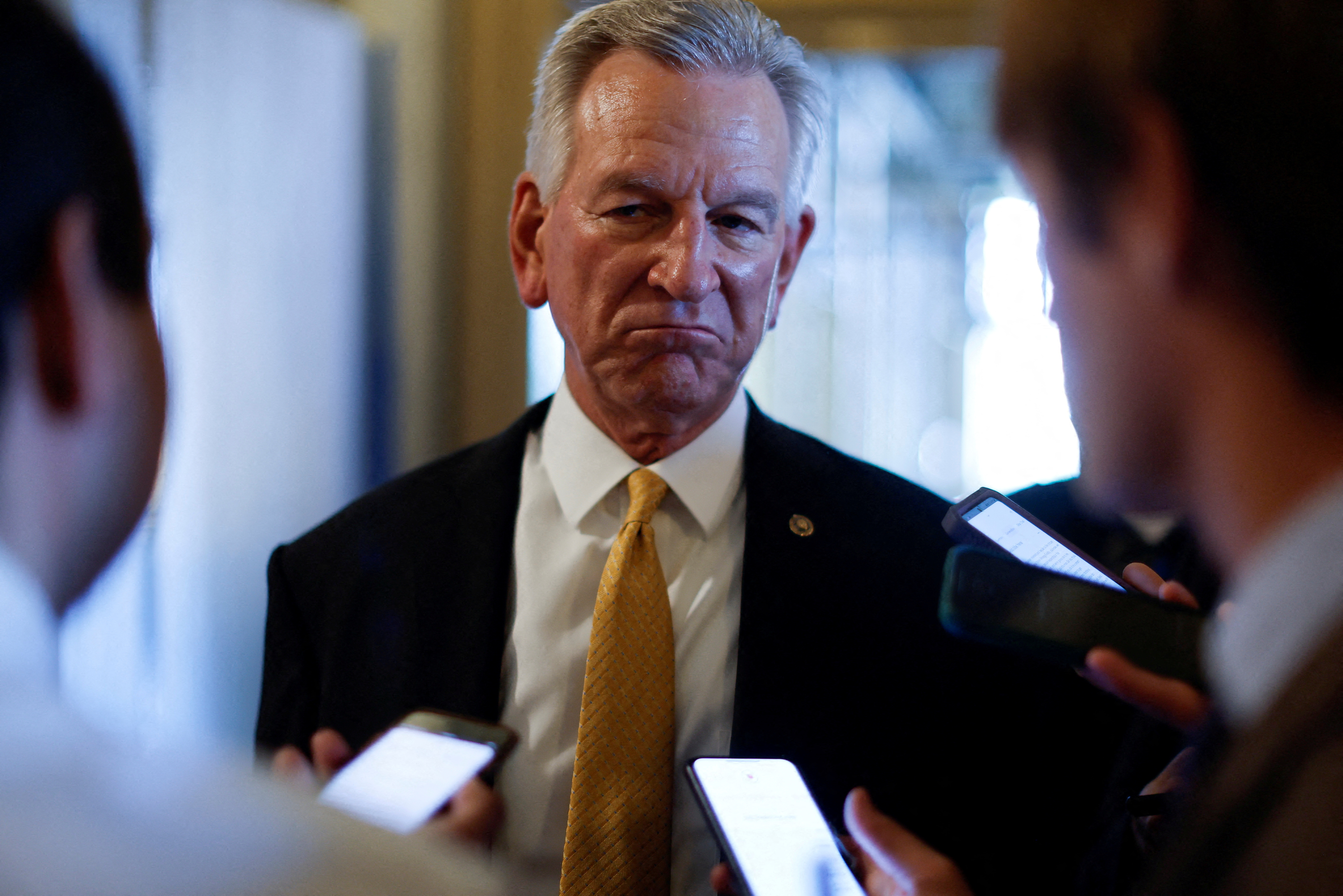 U.S. Senator Tommy Tuberville (R-AL) speaks with reporters on the way to the Senate floor for a procedural vote regarding top military appointees at the U.S. Capitol in Washington, U.S., September 20, 2023. 