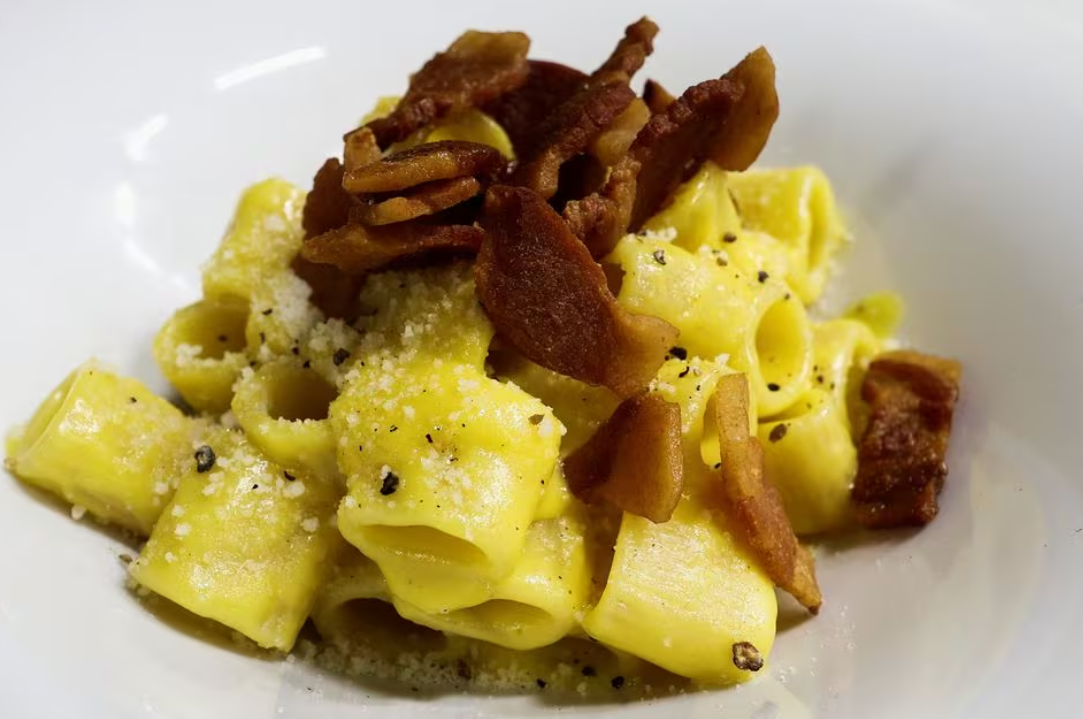 A view of a plate of pasta Carbonara at "La Carbonara" restaurant in Campo de' Fiori in Rome, Italy, Dec. 14, 2023.
