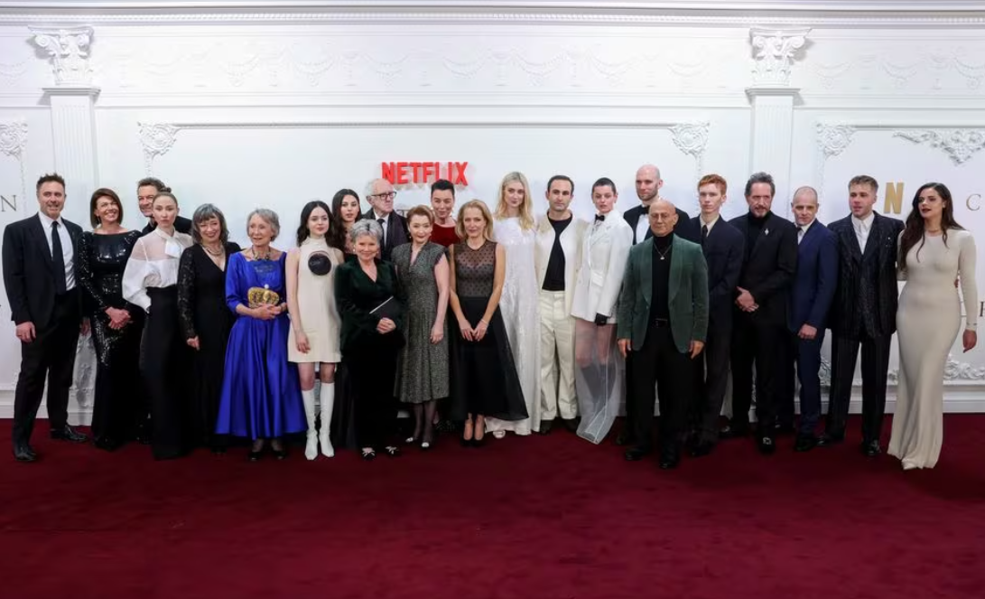 Cast members James Murray, Claudia Harrison, Dominic West, Erin Doherty, Marion Bailey, Marcia Warren, Viola Prettejohn, Beau Gadsdon, Jonathan Pryce, Imelda Staunton, Lesley Manville, Olivia Williams, Gillian Anderson, Elizabeth Debicki, Khalid Abdalla, Emma Corrin, Sebastian Blunt, Salim Daw, Luther Ford, Bertie Carvel, Jonny Lee Miller, Ed McVey and Meg Bellamy pose as they attend the premiere for the second part of Season 6 of the TV series "The Crown" in London, Britain, Dec, 5, 2023.