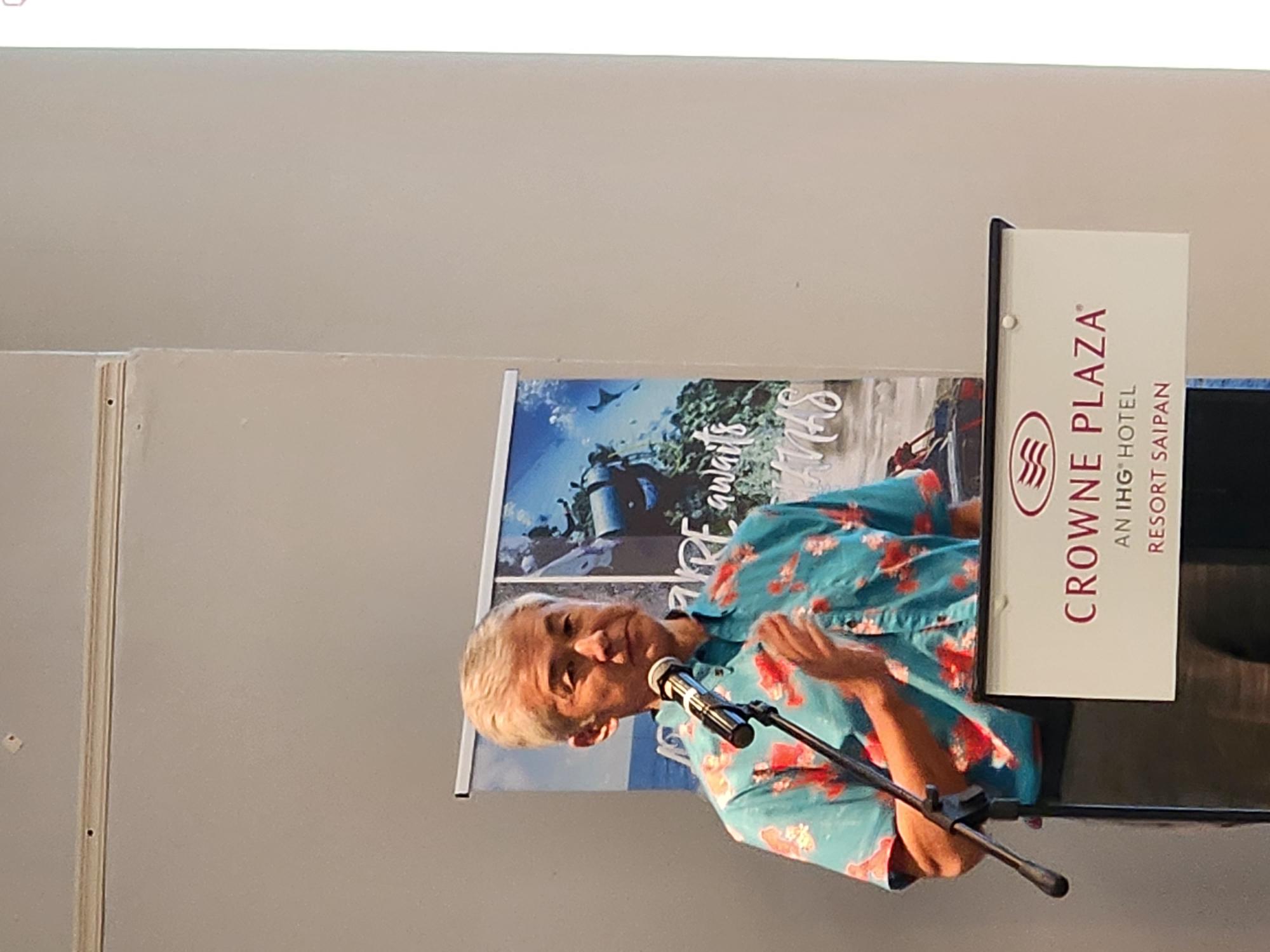 Marianas Visitors Authority Japan office representative Takashi Ichikura gestures during his presentation at MVA’s general membership meeting at Crowne Plaza Resort Saipan on Thursday.