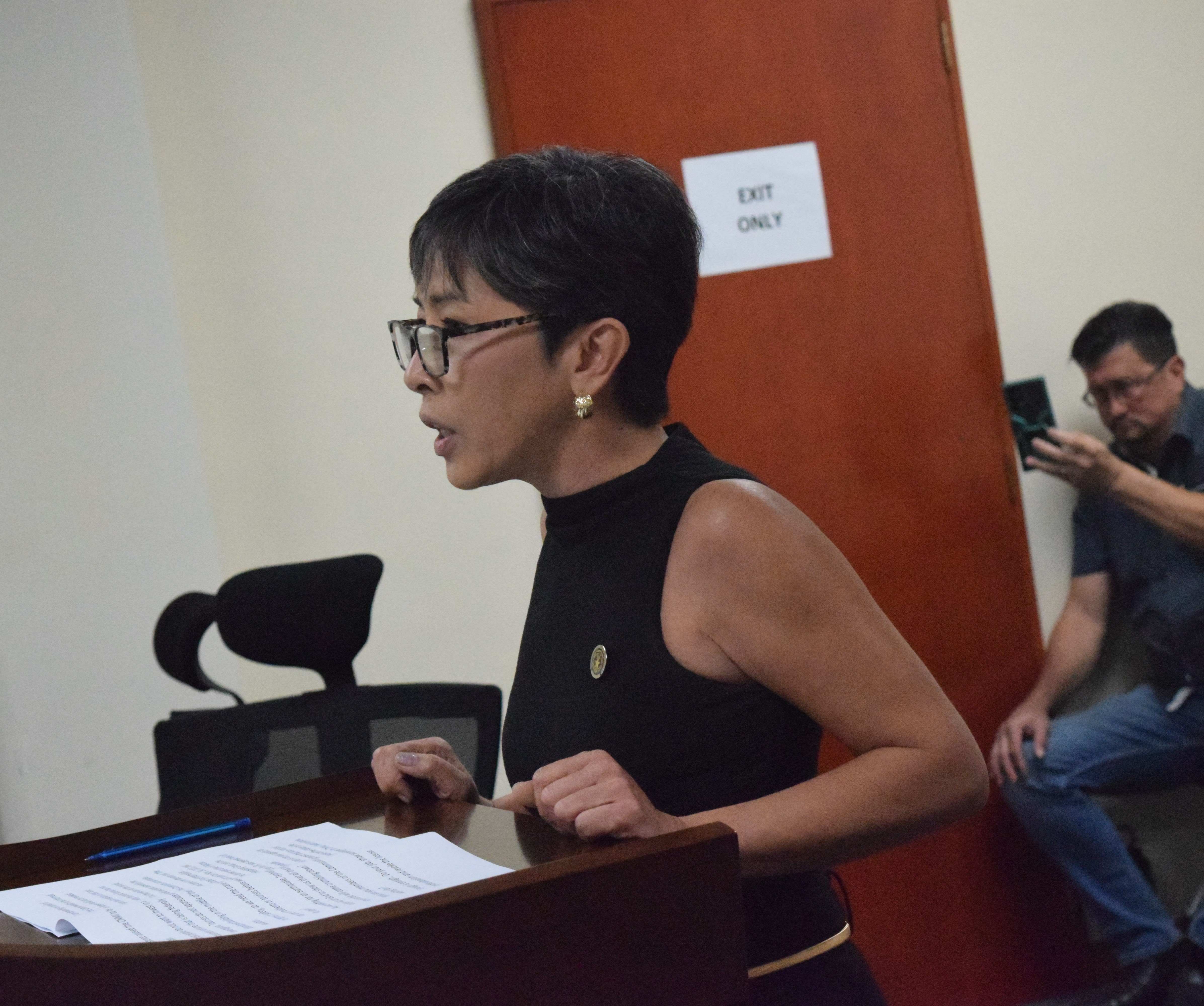 Rep. Marrisa Flores speaks to the members of the Commonwealth Casino Commission on Thursday. Behind her is House Floor Leader Edwin Propst.