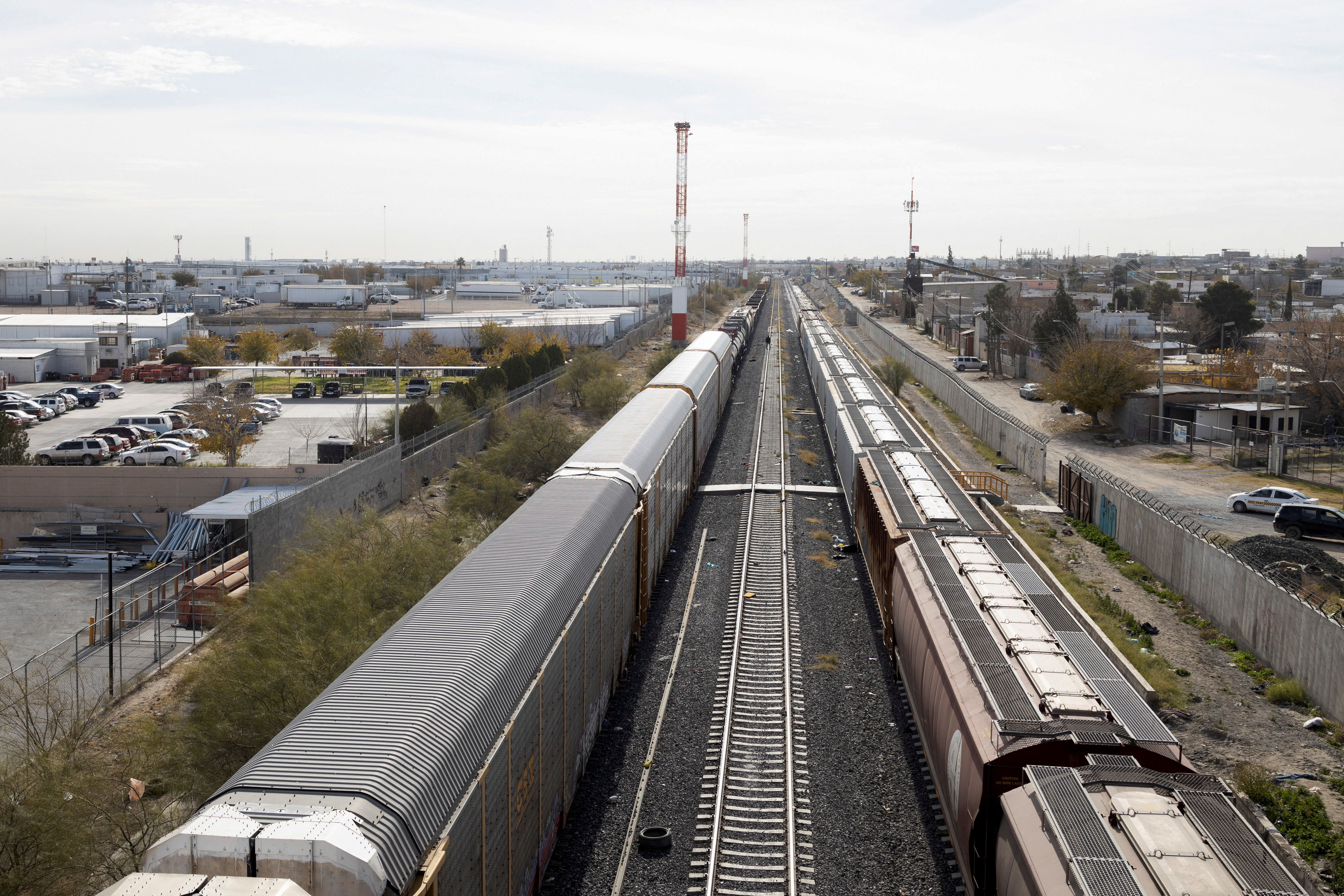 Stranded freight trains are seen at a railroad yard after U.S. authorities closed rail bridges in Eagle Pass and El Paso, Texas, in order to redirect personnel to stem a surge in migration, in Ciudad Juarez, Mexico, December 20, 2023. 