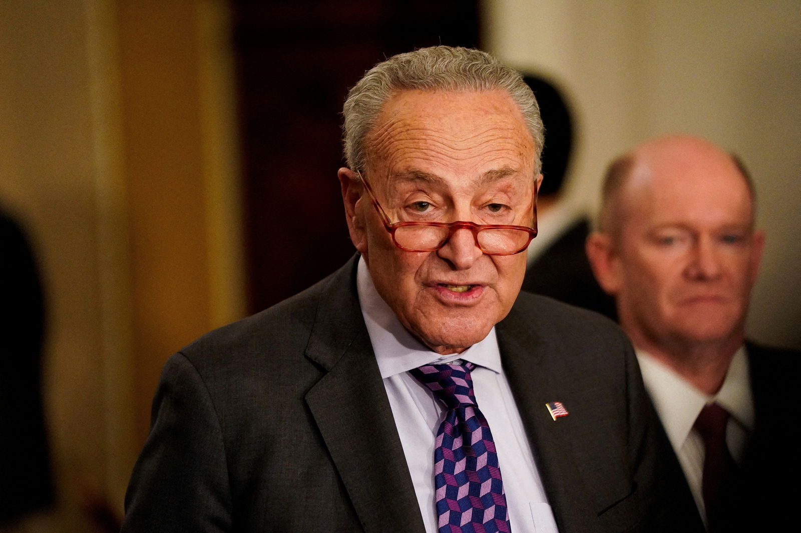U.S. Senate Majority Leader Chuck Schumer (D-NY) looks on, following the Senate Democrats weekly policy lunch at the U.S. Capitol in Washington, U.S., November 28, 2023.