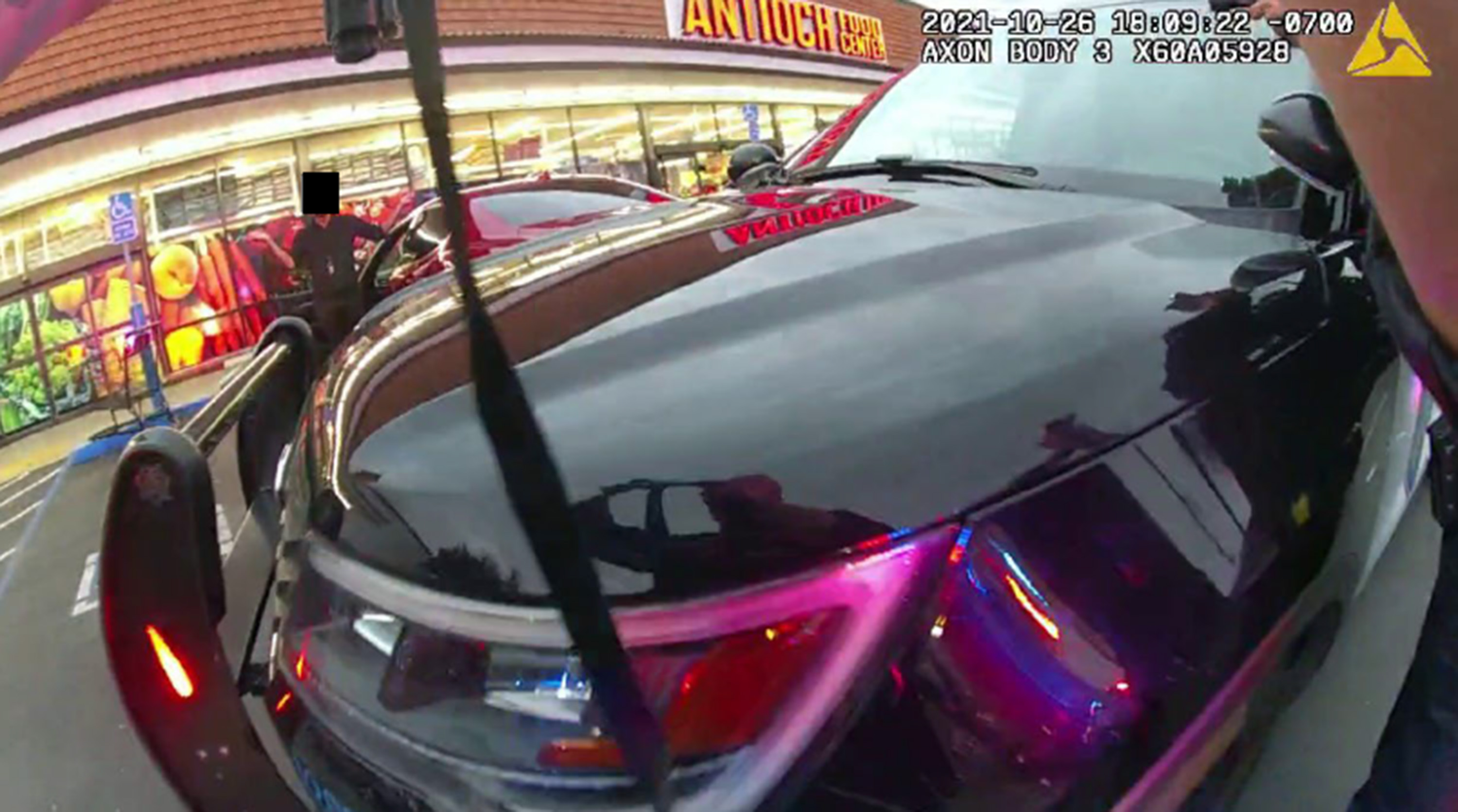 From a U.S. District Court filing, screen capture of body camera video of an Oct. 26, 2021, encounter that involved Antioch police officers siccing a canine and firing a 40mm sponge bullet at a suspect. (U.S. Attorney's Office/TNS)