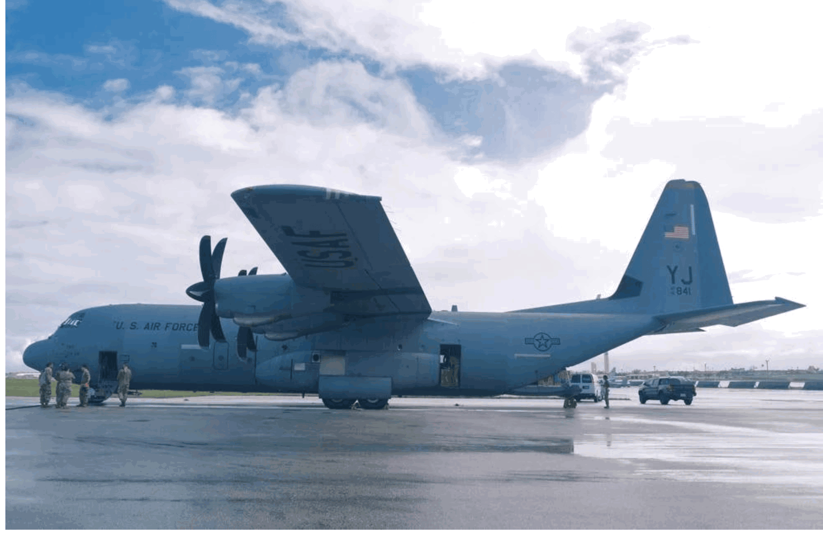 A C-130 Hercules is seen during Operation Christmas Drop 2023 on Tuesday, Dec. 5, 2023, at Andersen Air Force Base. 