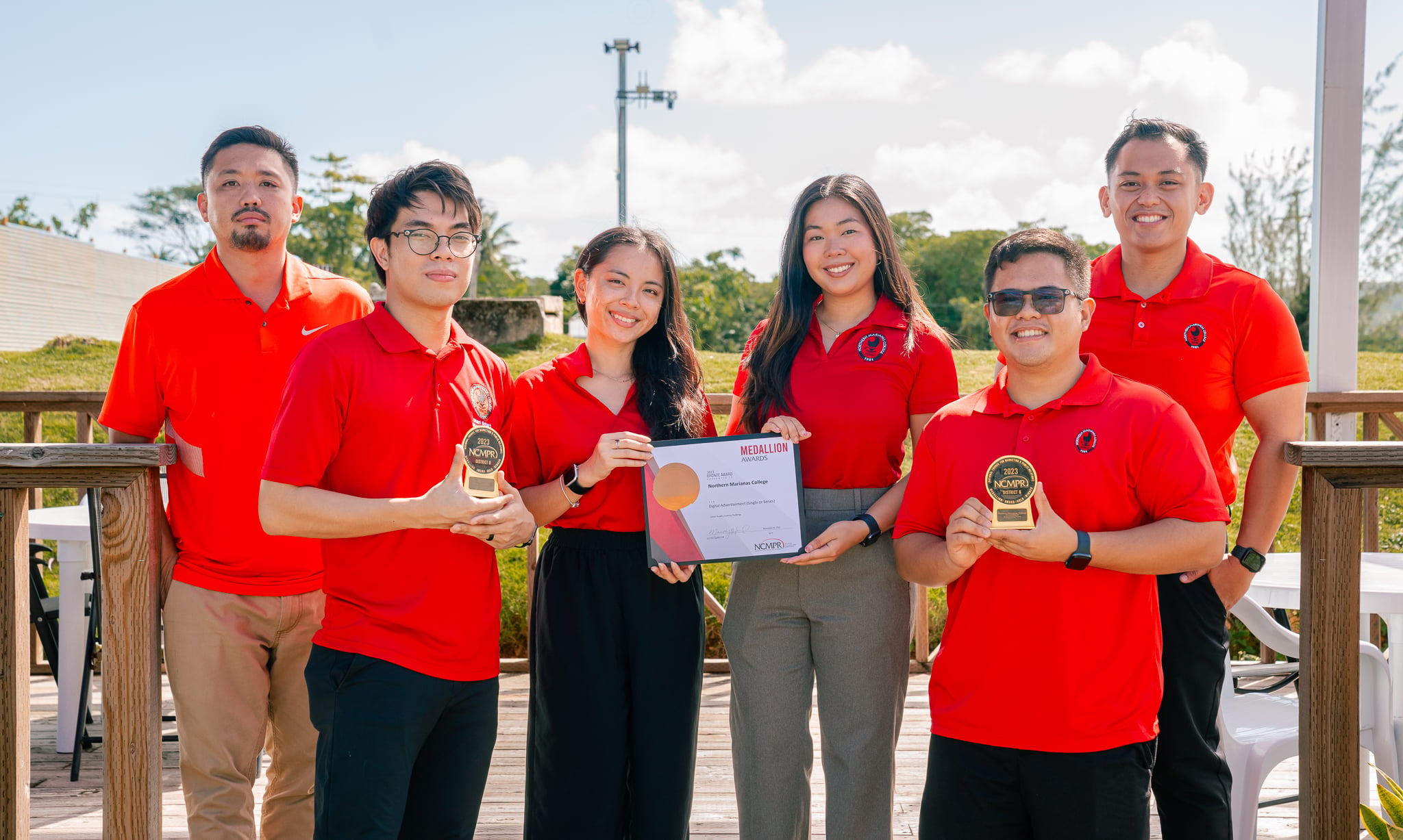 From left, Northern Marianas College interim director for Institutional Advancement Raynard Travilla, NMC database administrator and lead graphic designer Renedel Buno, NMC-Cooperative Research, Extension, and Education Services media intern Roxzanna Pangelinan, NMC-CREES media specialist Michaela Gatdula, digital media specialist Casey Huliganga, and communications manager Miguel Dandan.