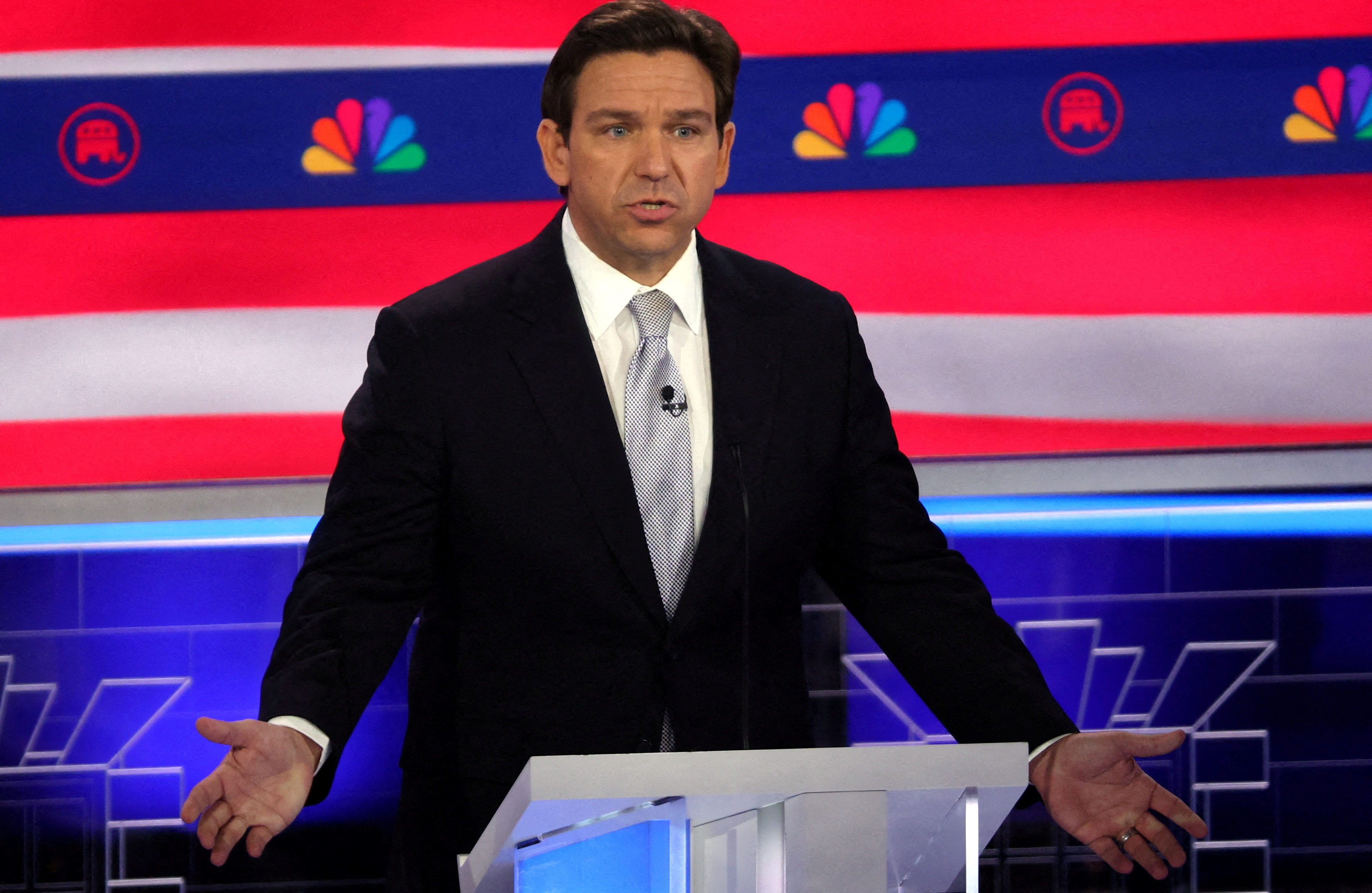 Florida Governor Ron DeSantis speaks at the third Republican candidates' U.S. presidential debate of the 2024 U.S. presidential campaign hosted by NBC News at the Adrienne Arsht Center for the Performing Arts in Miami, Florida, U.S., November 8, 2023. 