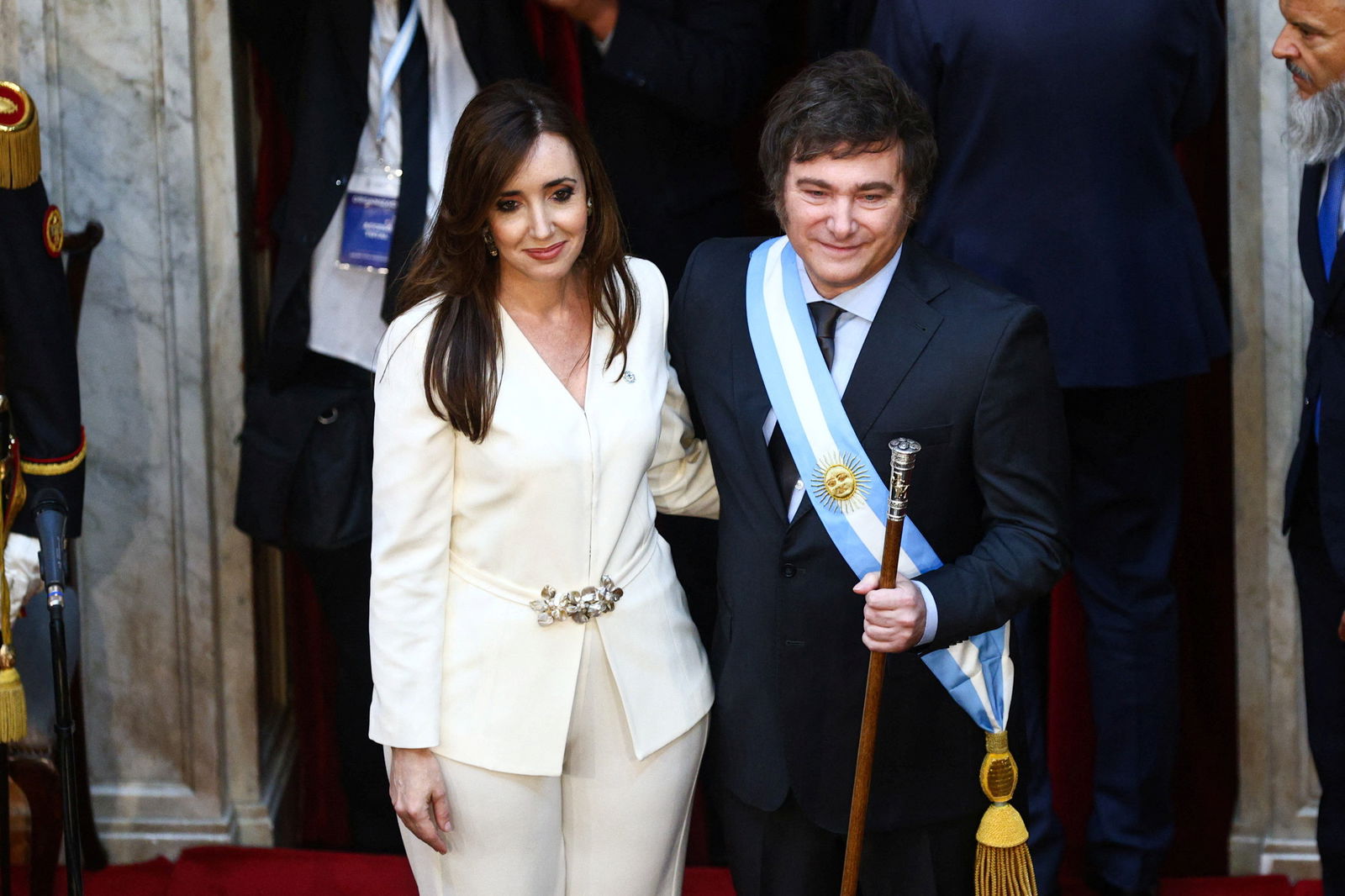 Argentina's new Vice President Victoria Villarruel and Argentina's President Javier Milei embrace during their swearing-in ceremony at the National Congress, in Buenos Aires, Argentina, Dec. 10, 2023.
