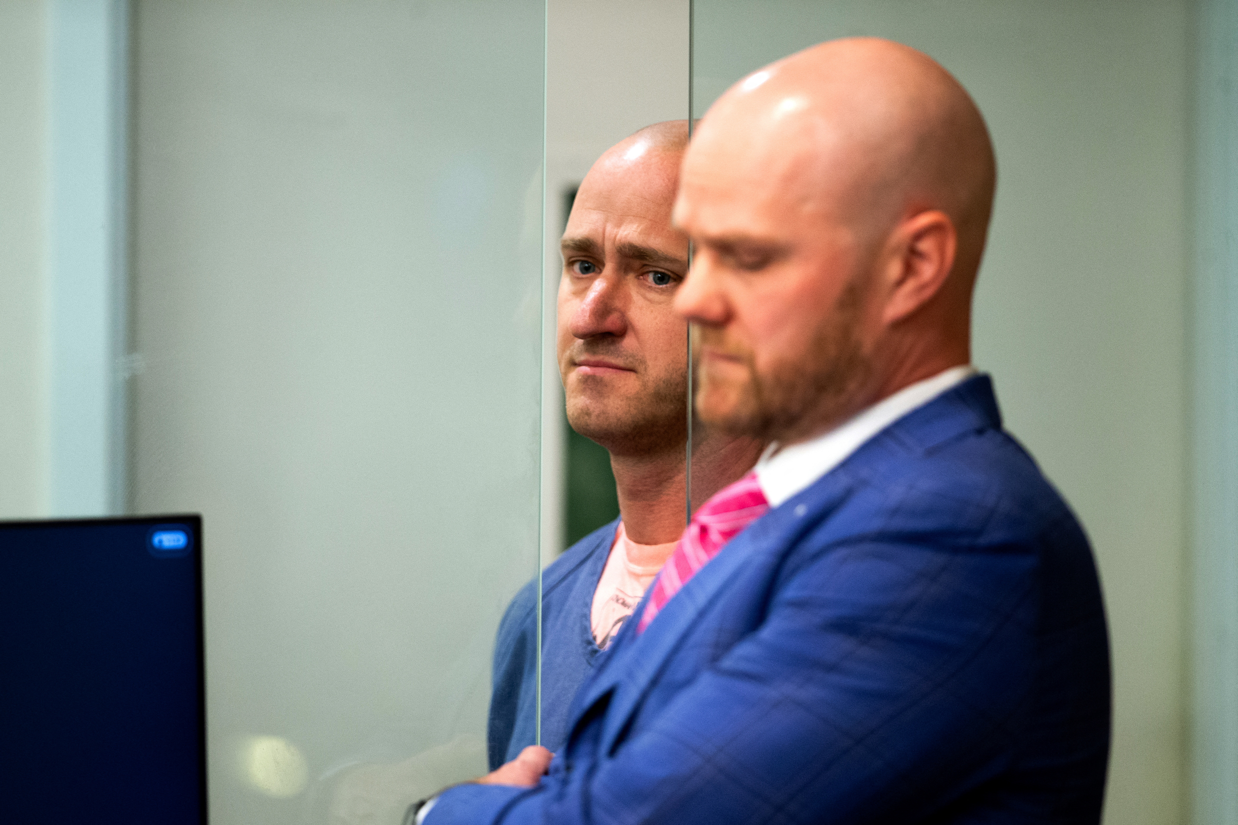 Joseph David Emerson, 44, an Alaska Airlines pilot who was riding in the cockpit "jump seat" and is accused of trying to disable the engines of a Horizon Air jet, appears in Multnomah County court in Portland, Oregon, U.S. October 24, 2023. 