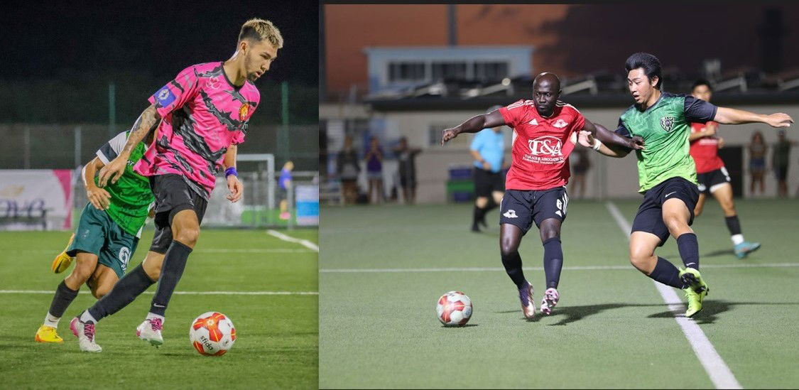 Left photo shows Eleven Tiger FC’s Sunjoon Tenorio with the ball possession during their game against Tan Holdings FC in the Marianas Soccer League 1. Right photo shows Wing FC’s Yaw Boateng facing an Islander defender in their match in the Budweiser Soccer League Premier Division. Eleven Tiger and Wings FC will collide in the Marianas Club Championship this Saturday at the NMI Soccer Training Center.