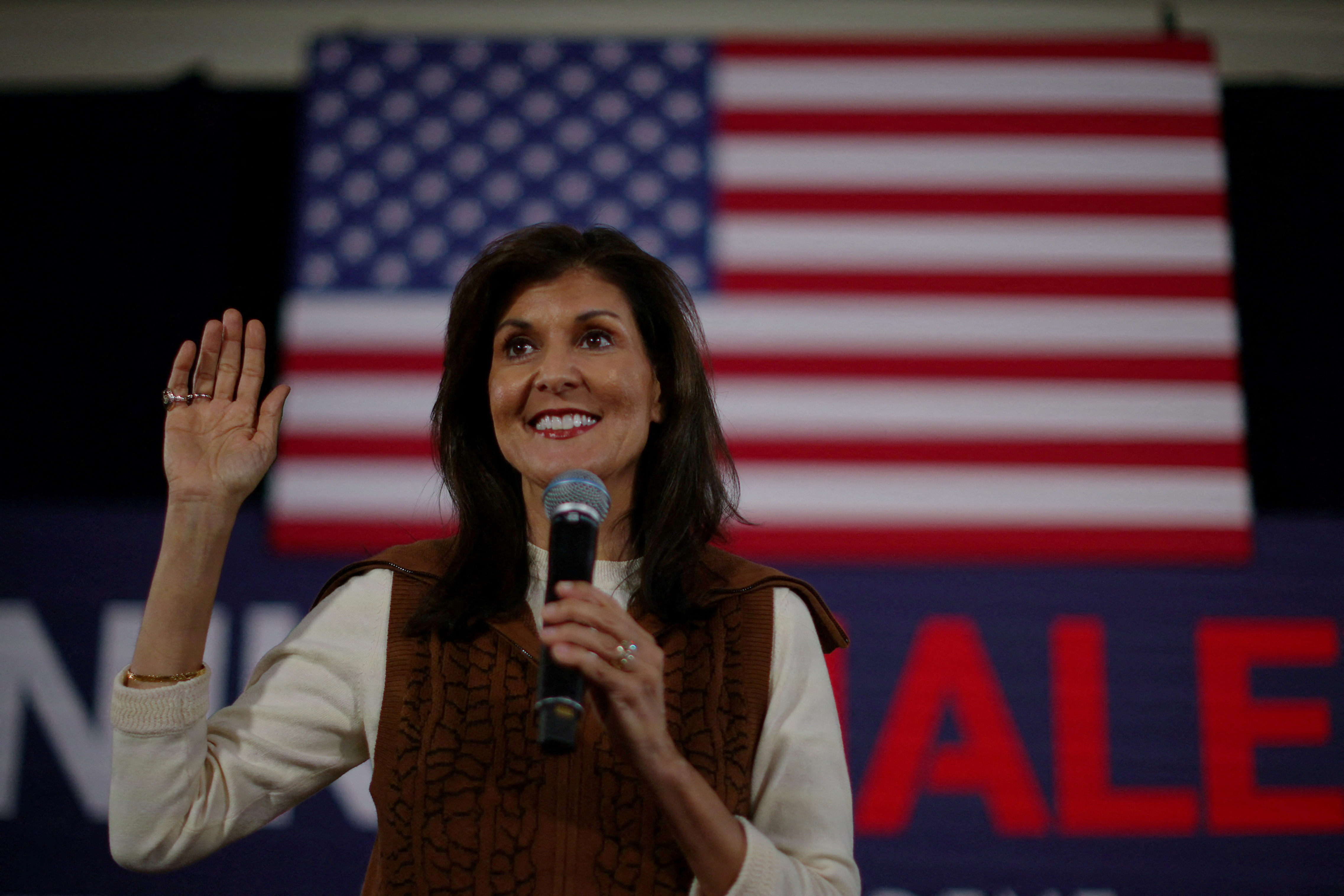 Republican presidential candidate and former U.S. Ambassador to the United Nations Nikki Haley speaks at a campaign town hall in Atkinson, New Hampshire, U.S., December 14, 2023. 