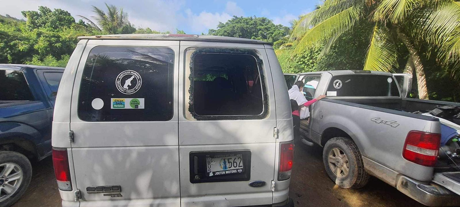 The perpetrator shattered the van’s back door window to gain entry to the vehicle.