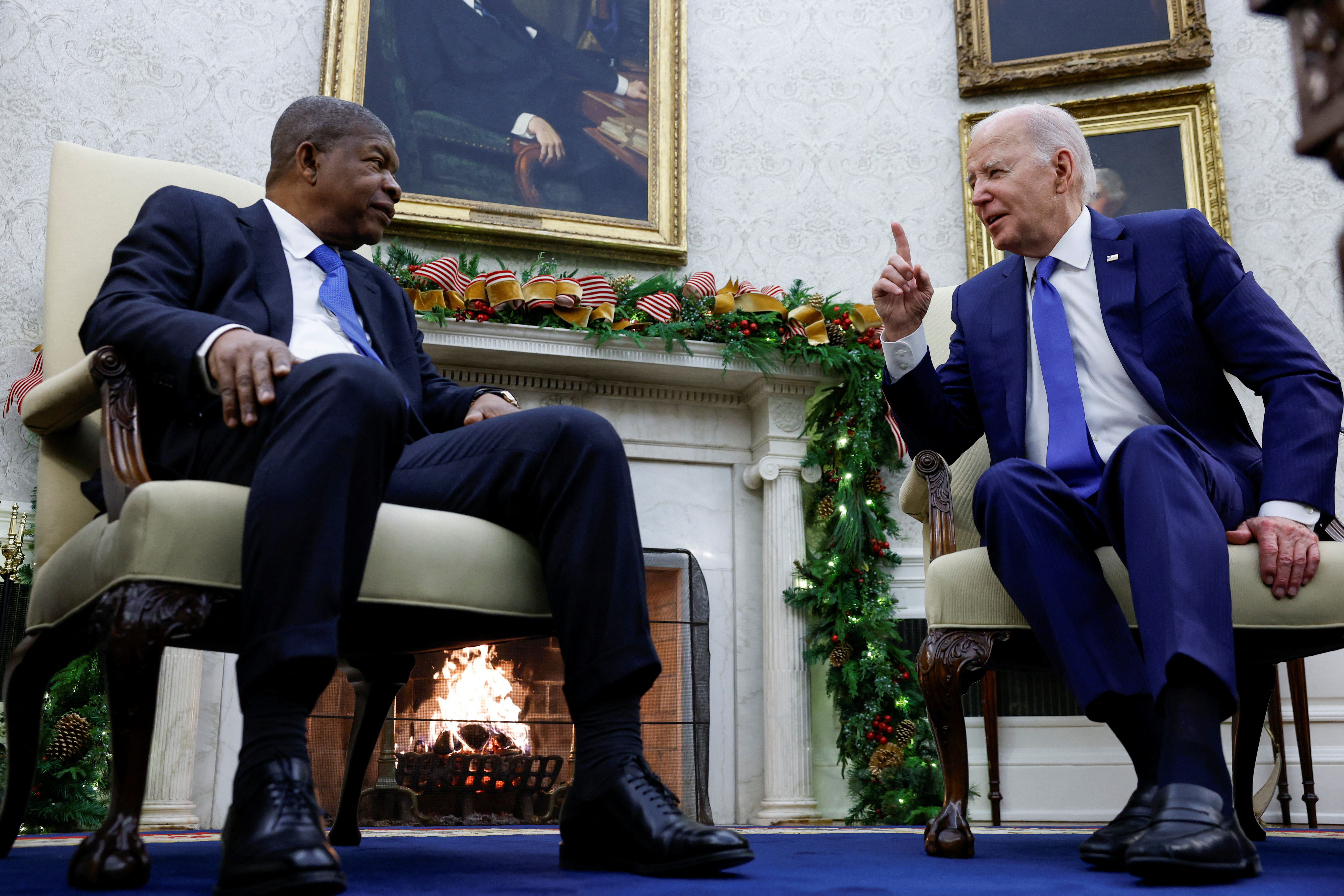 U.S. President Joe Biden gestures as he meets with Angola's President Joao Manuel Goncalves Lourenco in the Oval Office at the White House in Washington, U.S., November 30, 2023. 