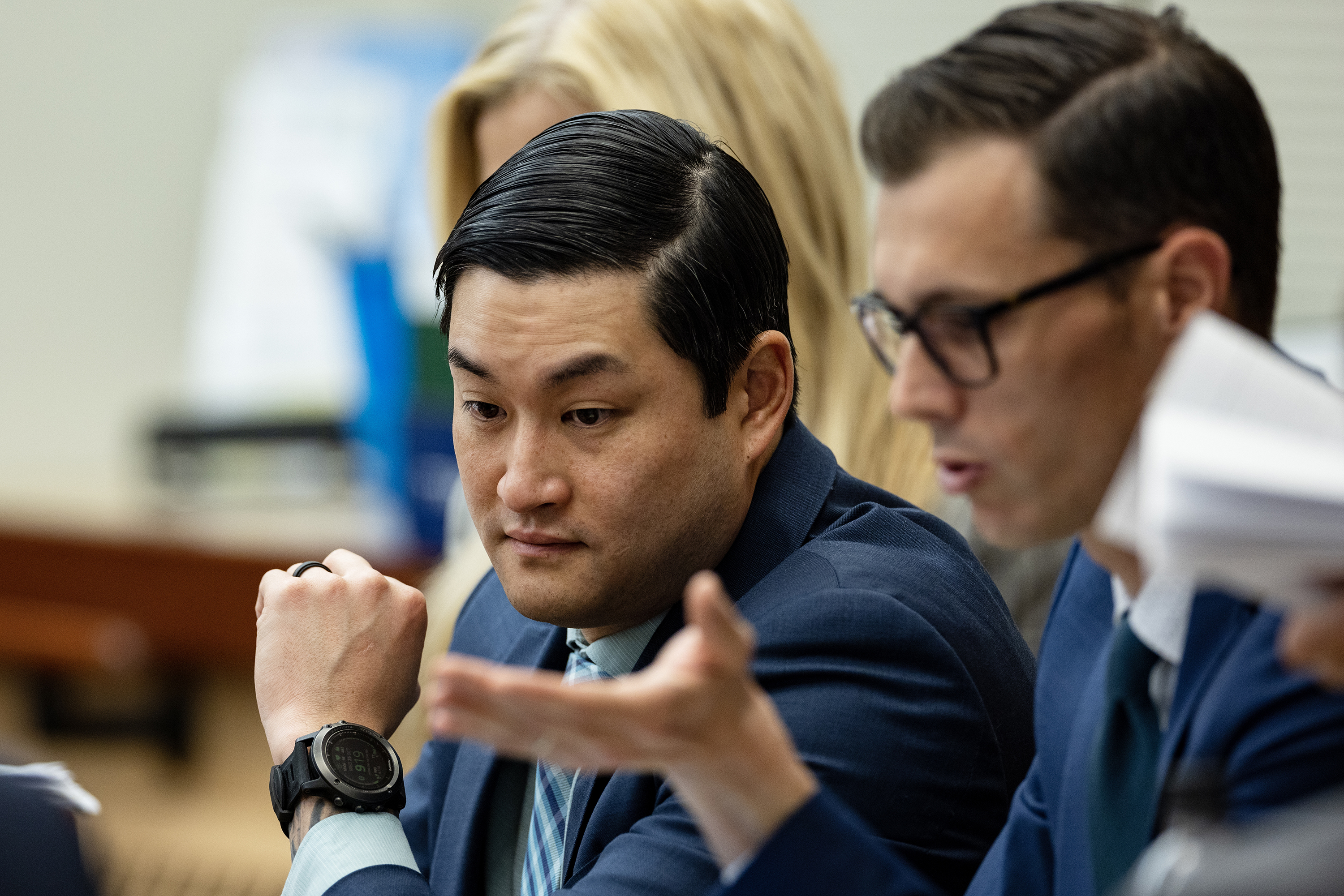 Defendant Timothy Rankine listens to defense attorney Mark Conrad speak Wednesday, Oct. 25, 2023, at Pierce County Superior Court in Tacoma, Washington. (Luke Johnson/The Seattle Times/TNS)