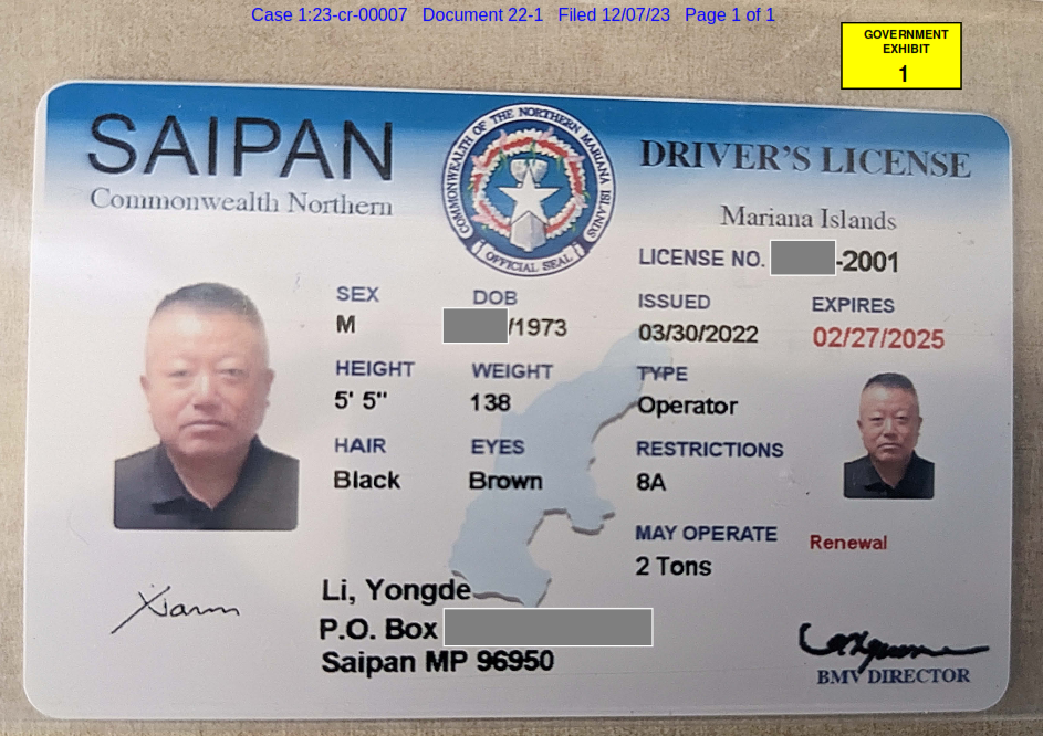 The CNMI driver’s license of Yongde Li.