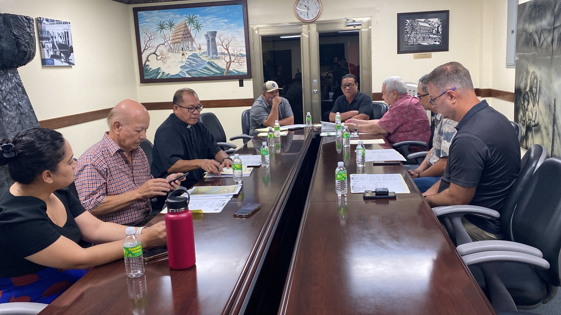 From left, Natashia Tomokane, public information officer of the Saipan Mayor’s Office; Marpi Public Cemetery Restoration Project Manager Herman Cabrera; Father Rey Rosal of the Diocese of Chalan Kanoa; Director of Parks and Recreation Mike Cruz; Saipan Mayor RB Camacho; Ron Sablan of the Commonwealth Healthcare Corp.; Pastor Eric Abragan of Life in the Son Christian Church; and Pastor Michael Rodgers of Grace Christian Church.