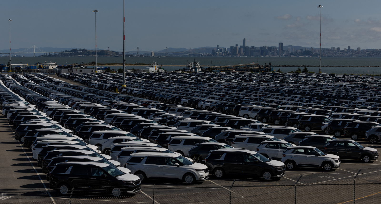 New vehicles are seen at a parking lot in the Port of Richmond, at the bay of San Francisco, California June 8, 2023. 