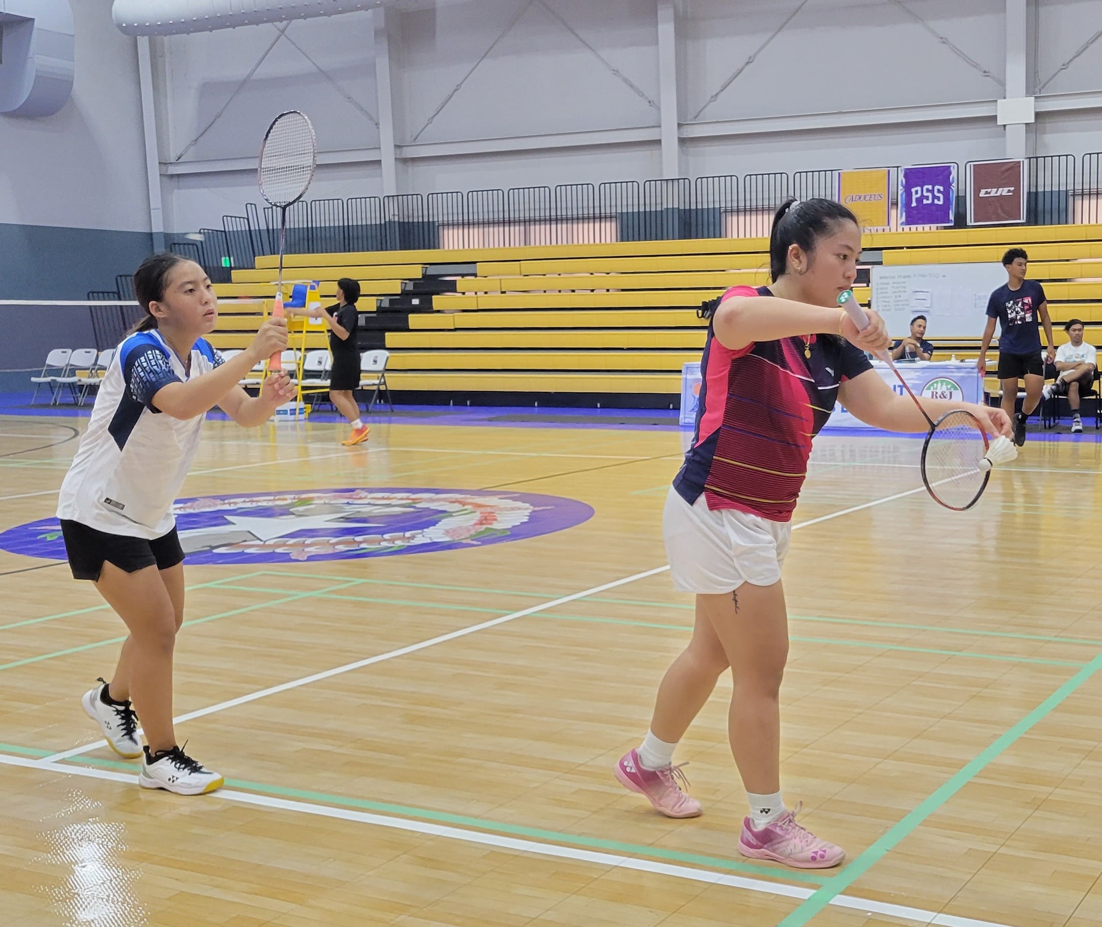 Junior player Lina Tsukagoshi, left, and senior player Janelle Pangilinan, seen here in a competition that the Northern Marianas Badminton Association hosted in September. They are teaming up anew to compete in the NMI Badminton National Championships this weekend at the Gilbert C. Ada Gymnasium.