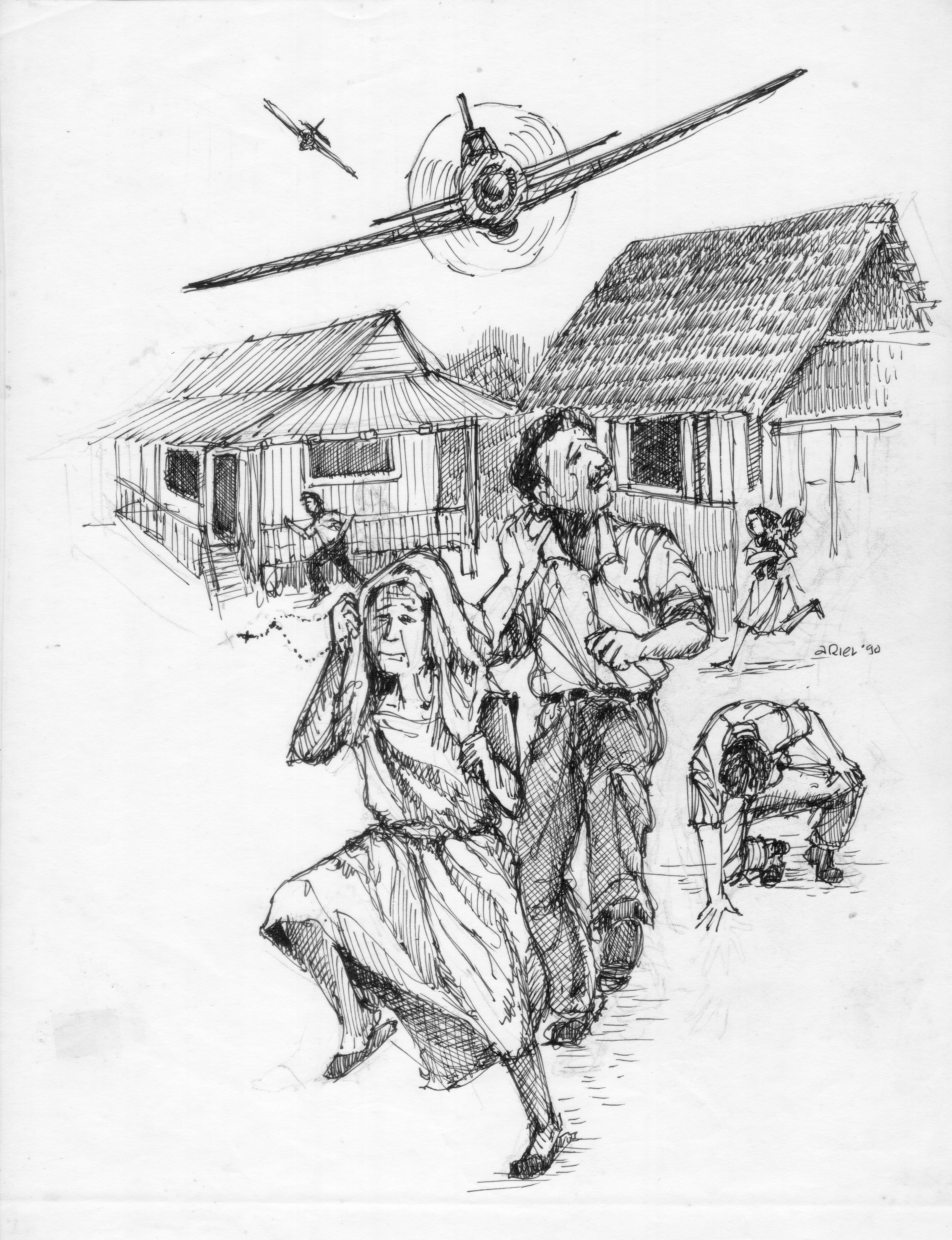 Japanese Zeros from Saipan attack a village in Guam.