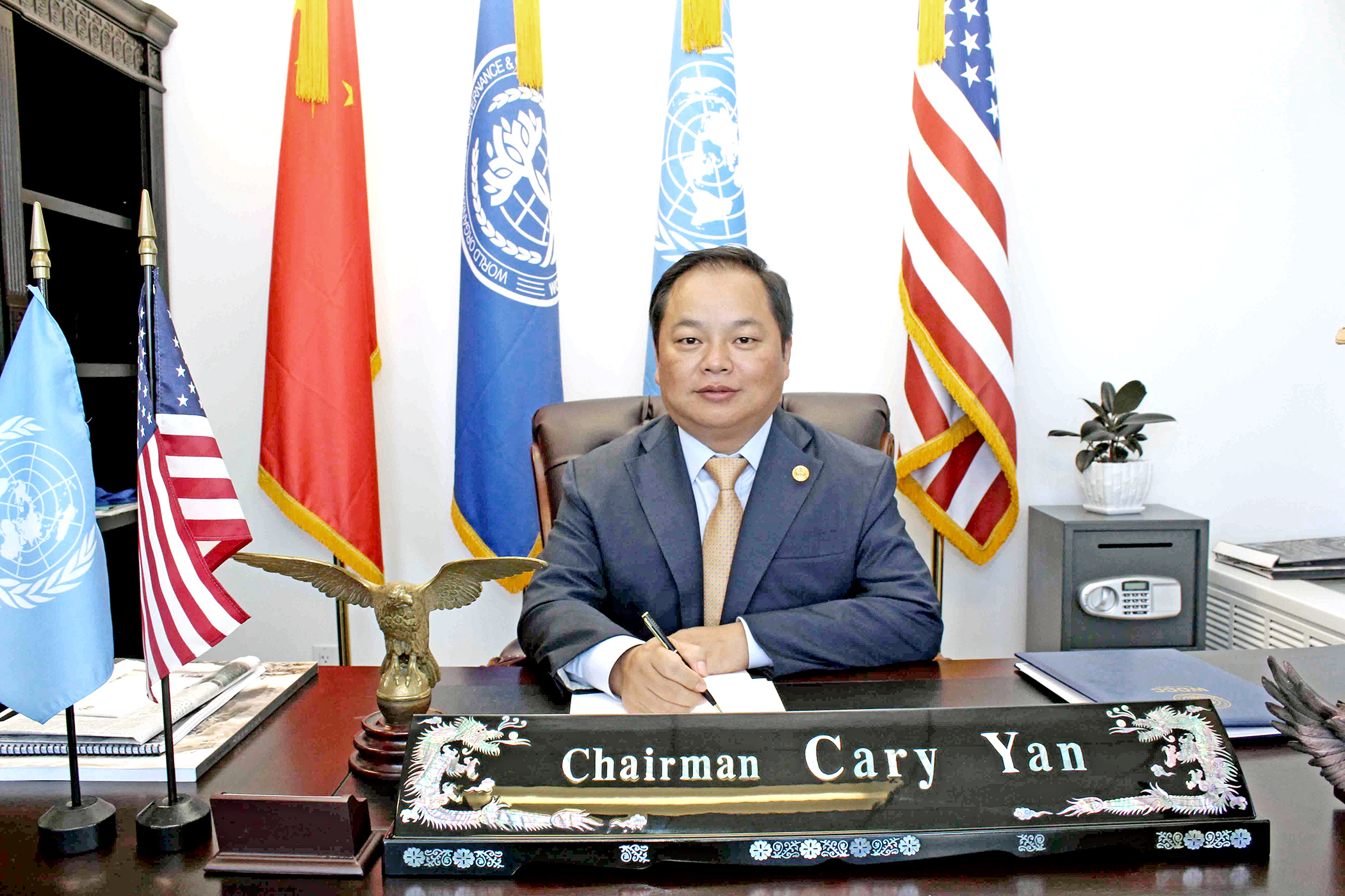 A promotional picture of Cary Yan taken in his New York City-based NGO prior to his arrest last year and conviction in a New York court for bribing Marshall Islands leaders — a conviction that led to U.S. State Department sanctions against two members of the Marshall Islands parliament this week.