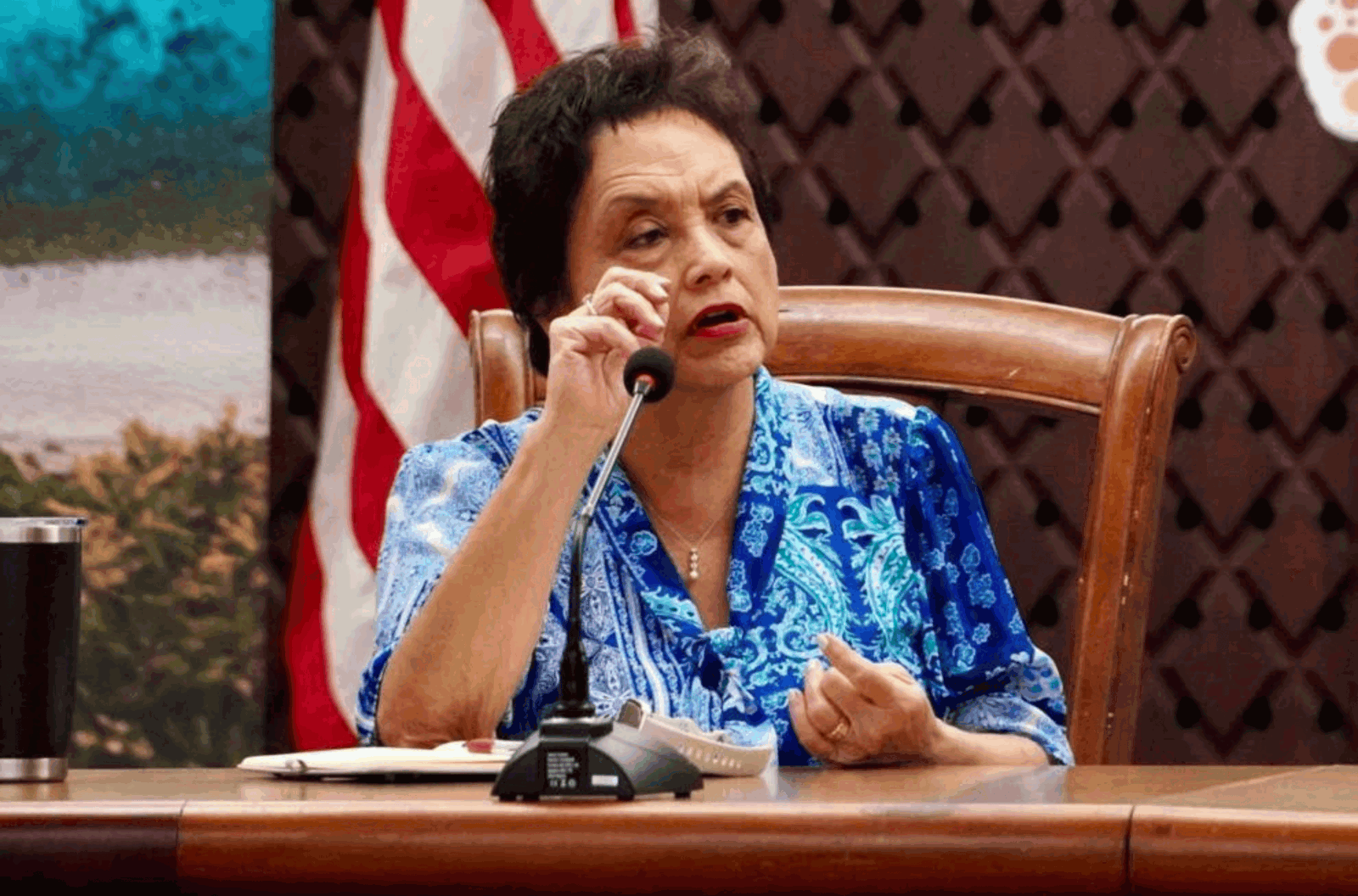 Gov. Lou Leon Guerrero speaks to the media at a press conference at Adelup Monday, Dec. 11, 2023.