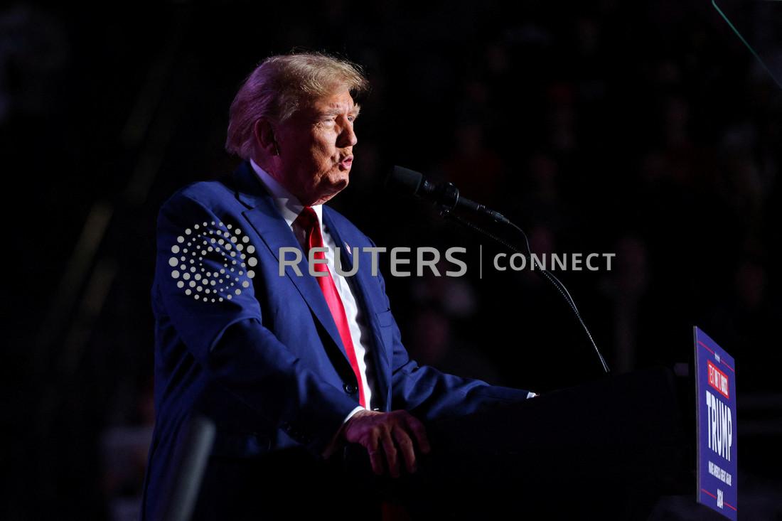 Republican presidential candidate and former U.S. President Donald Trump speaks at a rally in Durham, New Hampshire, U.S. December 16, 2023. 