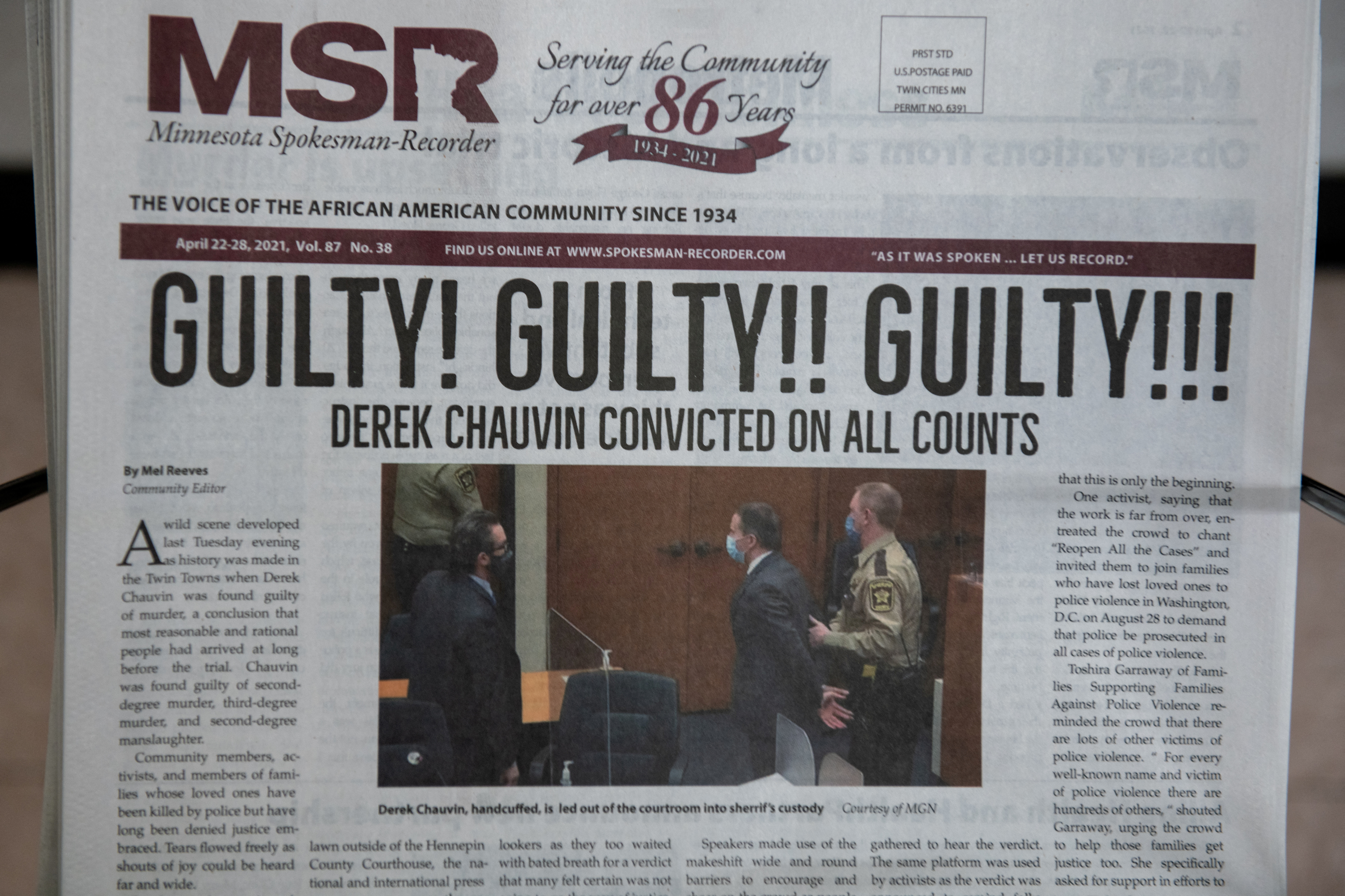 The Minnesota Spokesman-Recorder is pictured the day after Derek Chauvin was found guilty in Minneapolis, Minnesota, U.S., April 21, 2021. 