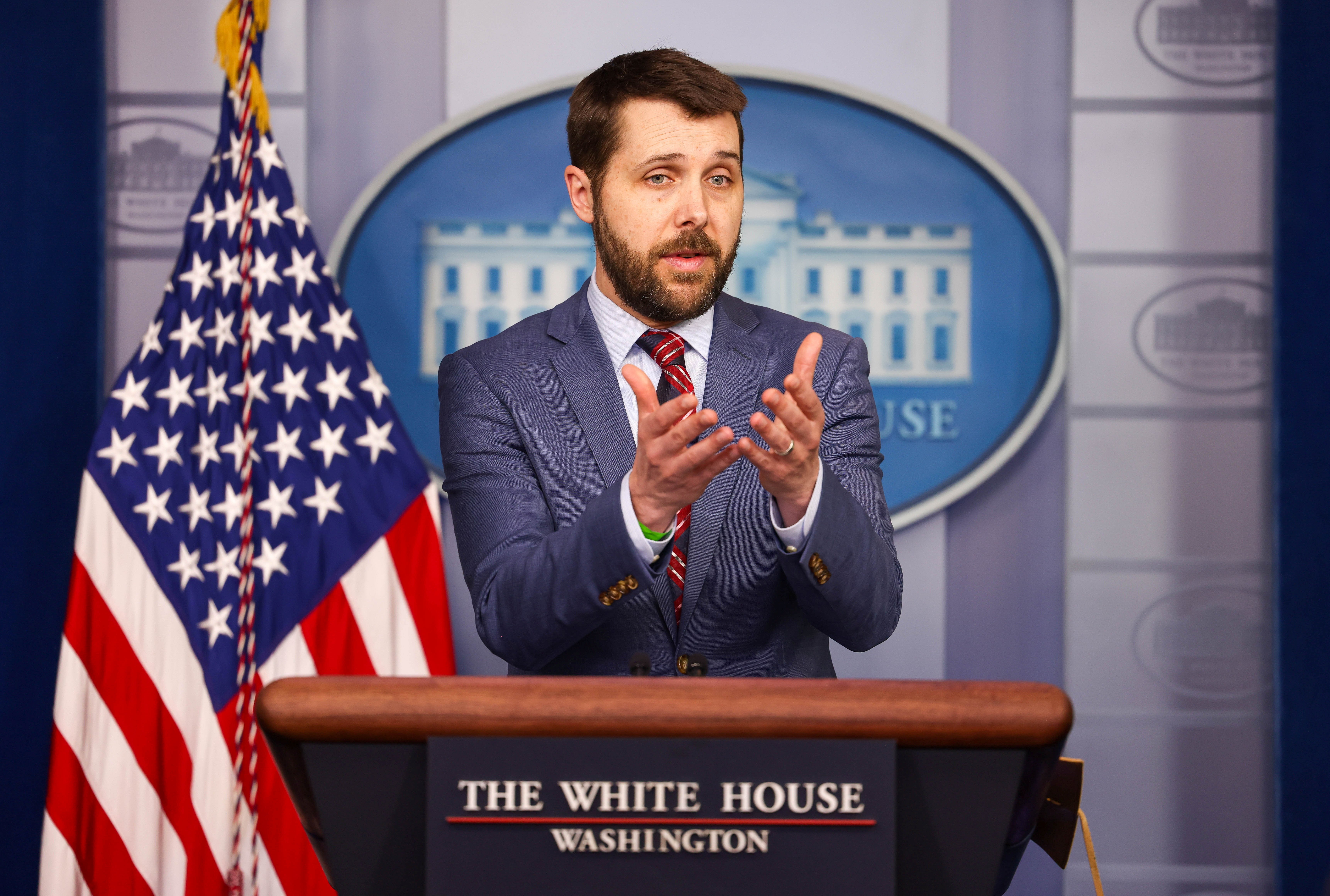 U.S. National Economic Council Director Brian Deese addresses reporters at the top of the daily press briefing at the White House in Washington, U.S., April 26, 2021. 