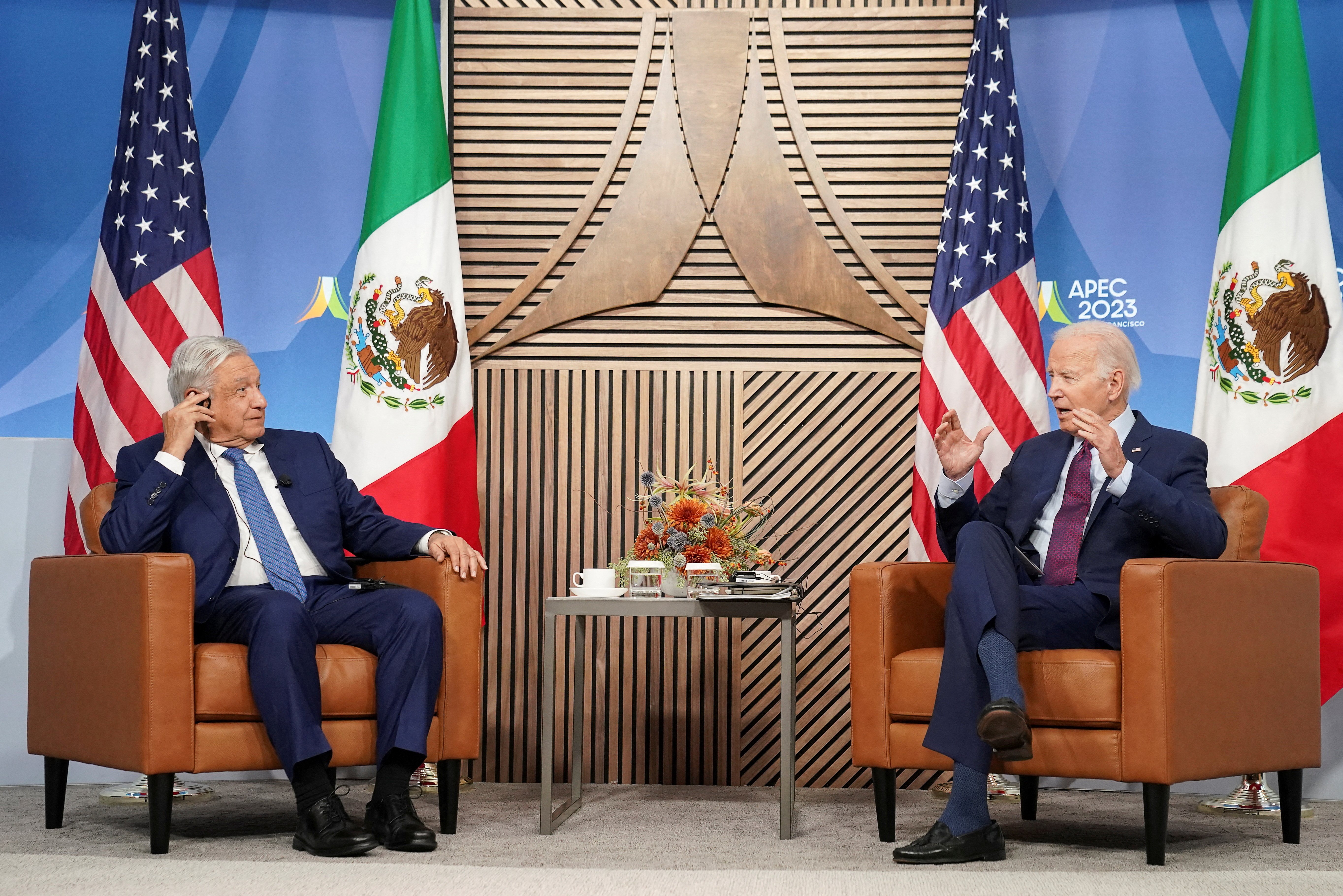 U.S. President Joe Biden meets with Mexican President Andres Manuel Lopez Obrador on the sidelines of the Asia-Pacific Economic Cooperation (APEC) summit in San Francisco, California, U.S. November 17, 2023. 