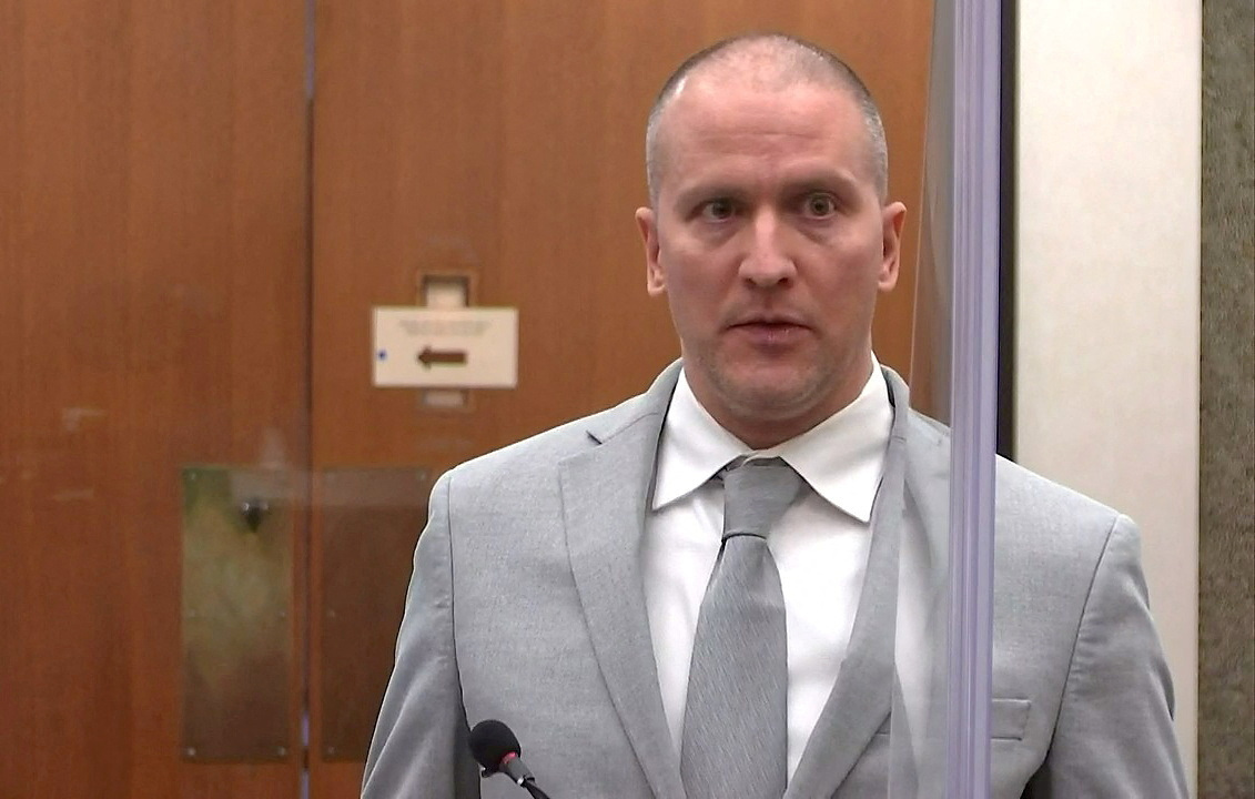 Former Minneapolis police officer Derek Chauvin addresses his sentencing hearing and the judge as he awaits his sentence after being convicted of murder in the death of George Floyd in Minneapolis, Minnesota, U.S. June 25, 2021 in a still image from video. 