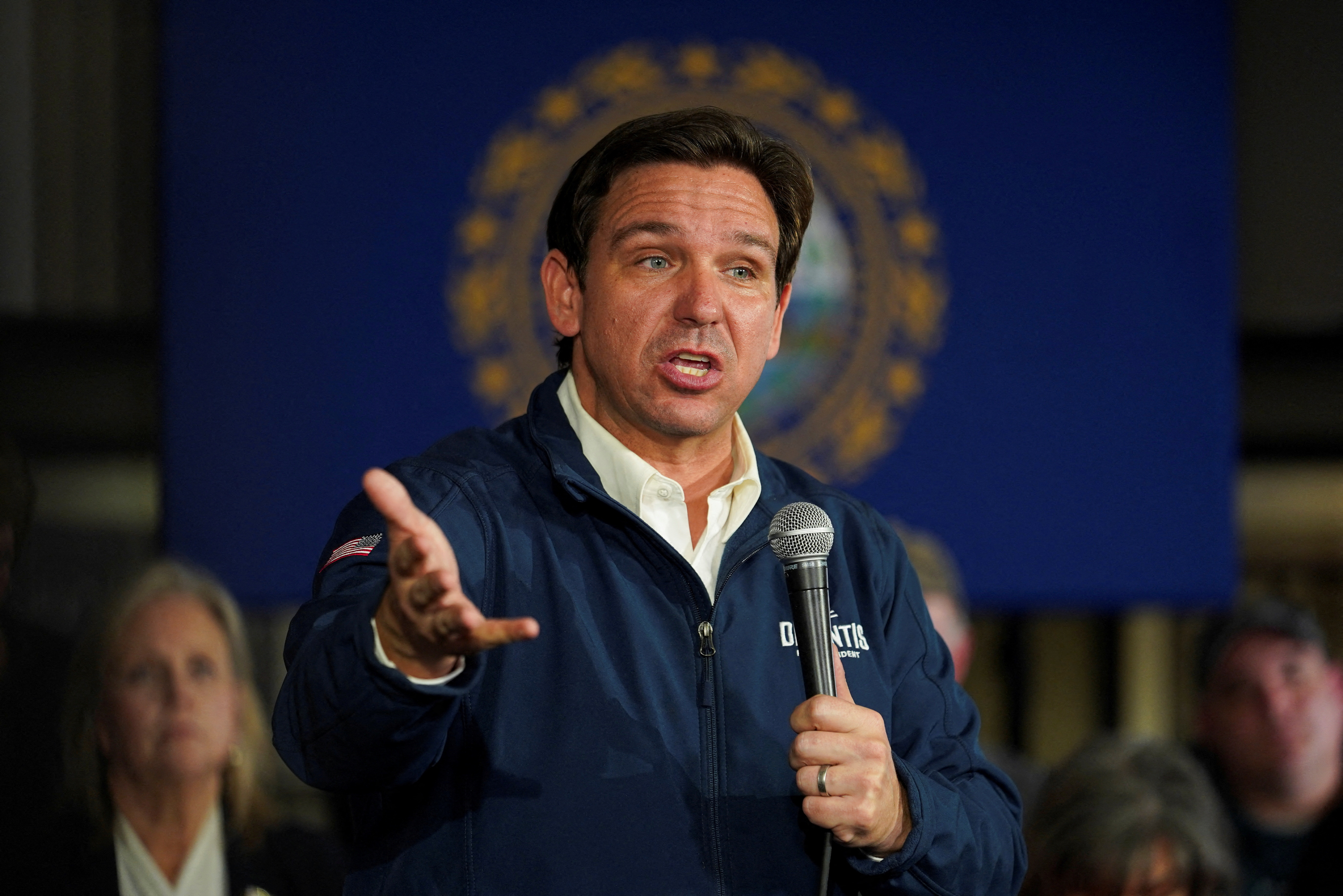 Republican presidential candidate and Florida Governor Ron DeSantis speaks at a Never Back Down campaign event in Keene, New Hampshire, U.S., on November 21, 2023. 