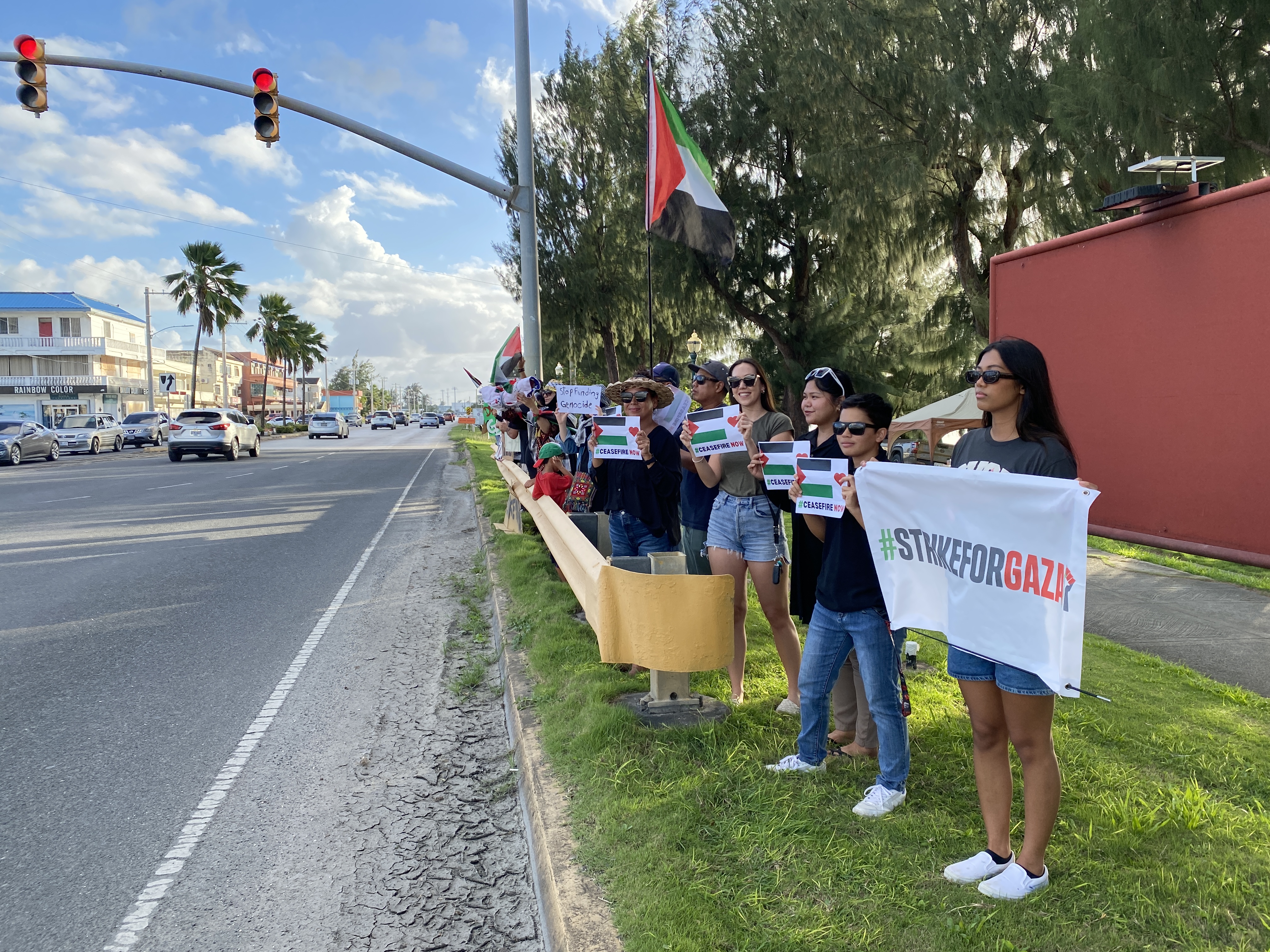 Marianas for Palestine members and other supporters gather at the intersection near AK Toyota in Oleai Tuesday in solidarity with the people of Gaza.