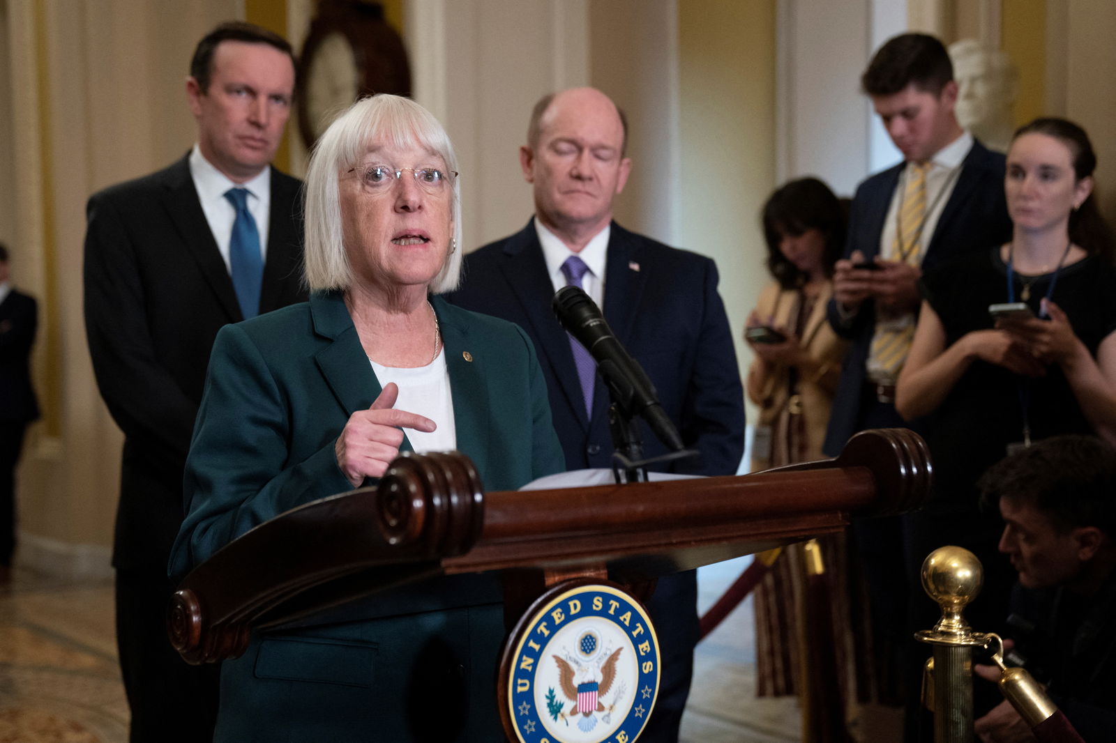 U.S. Senator Patty Murray (D-WA) speaks to reporters after the weekly senate party caucus luncheons at the U.S. Capitol in Washington, D.C., U.S., November 7, 2023. 