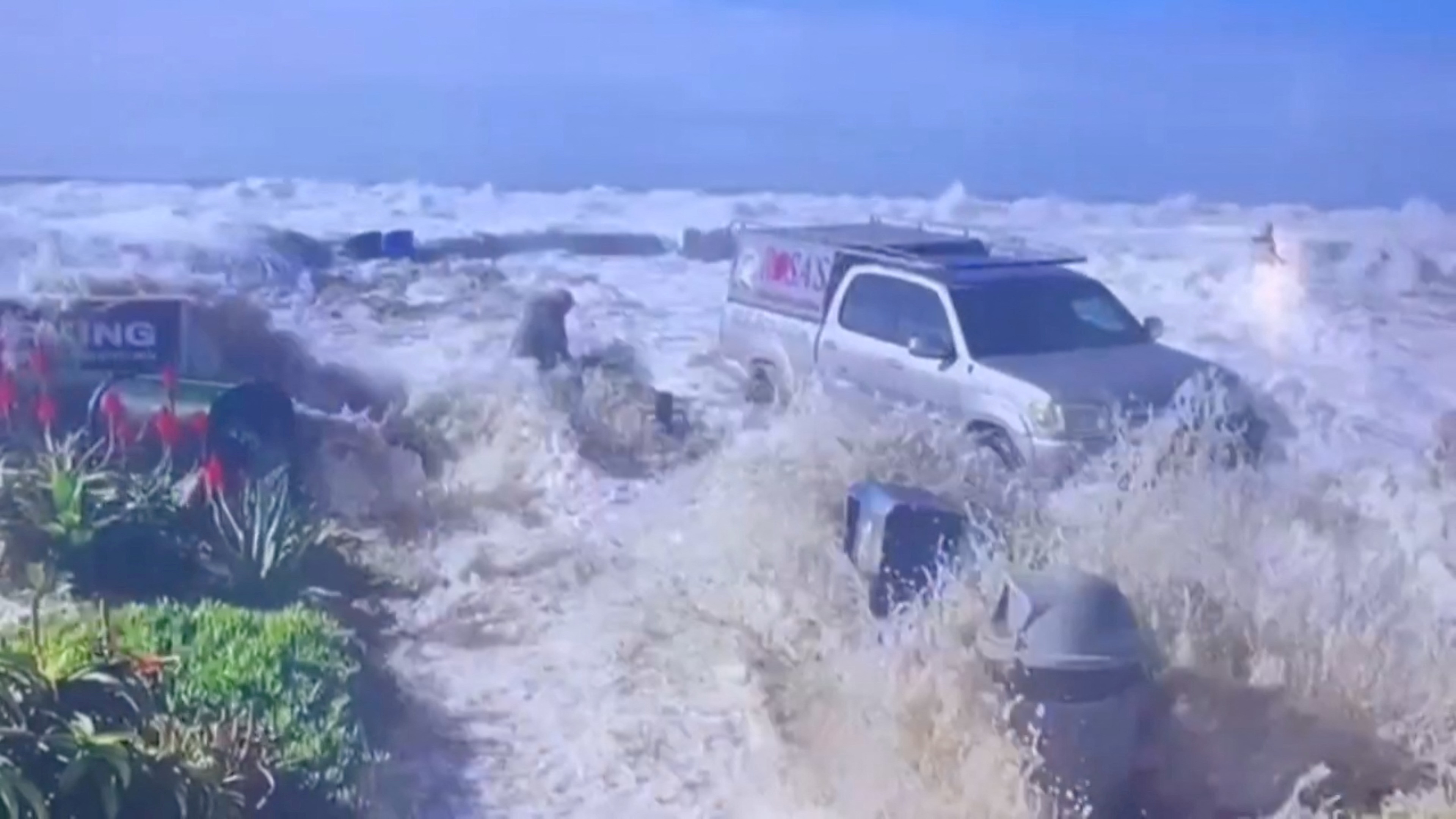 High tides hit the coastline of Ventura, California, U.S. December 28, 2023, in this screen grab from a handout video. 