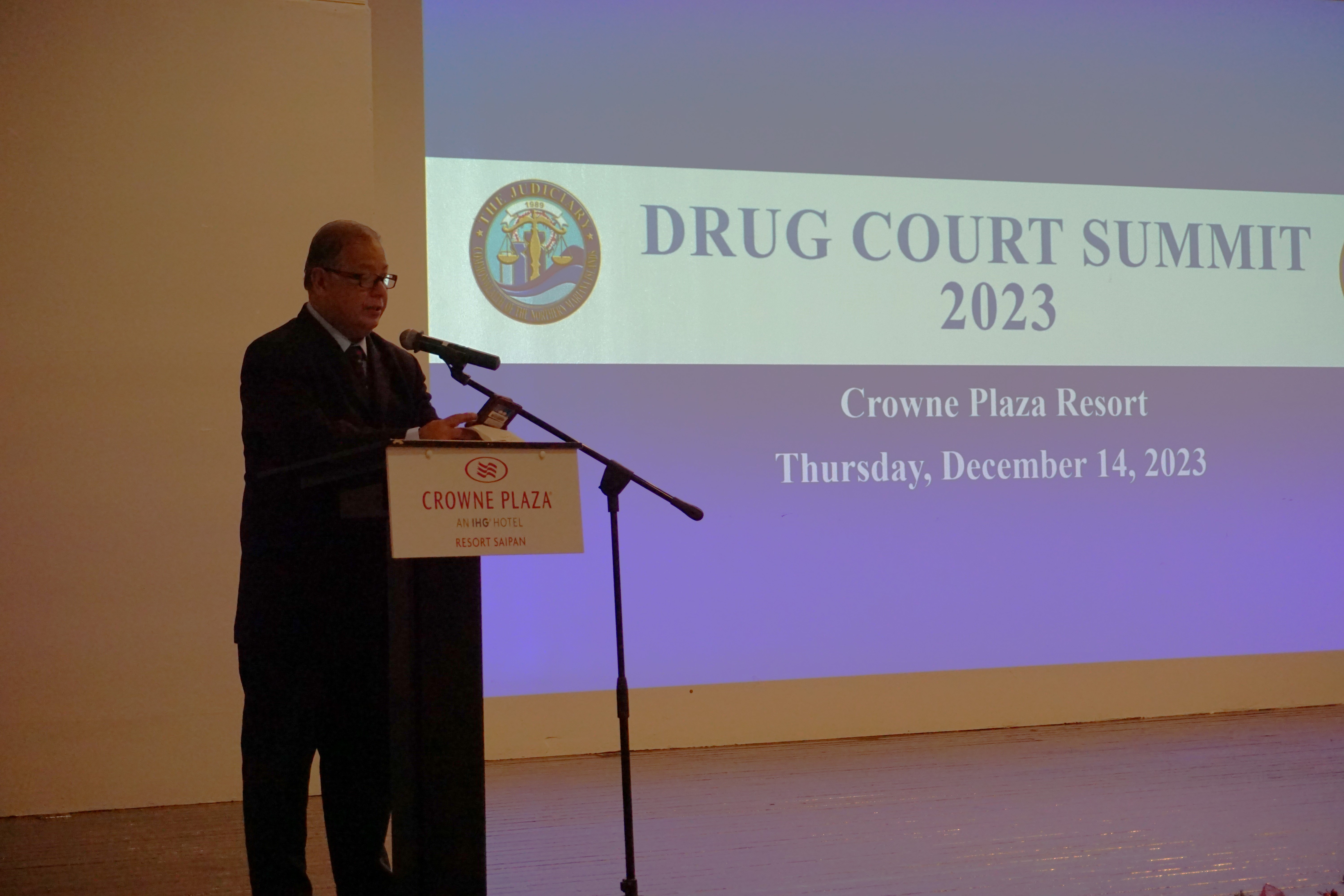 CNMI Supreme Court Justice Perry Inos delivers his remarks during the first Drug Court Summit  at the Hibiscus Hall of Crowne Plaza Resort Saipan on Thursday. 
