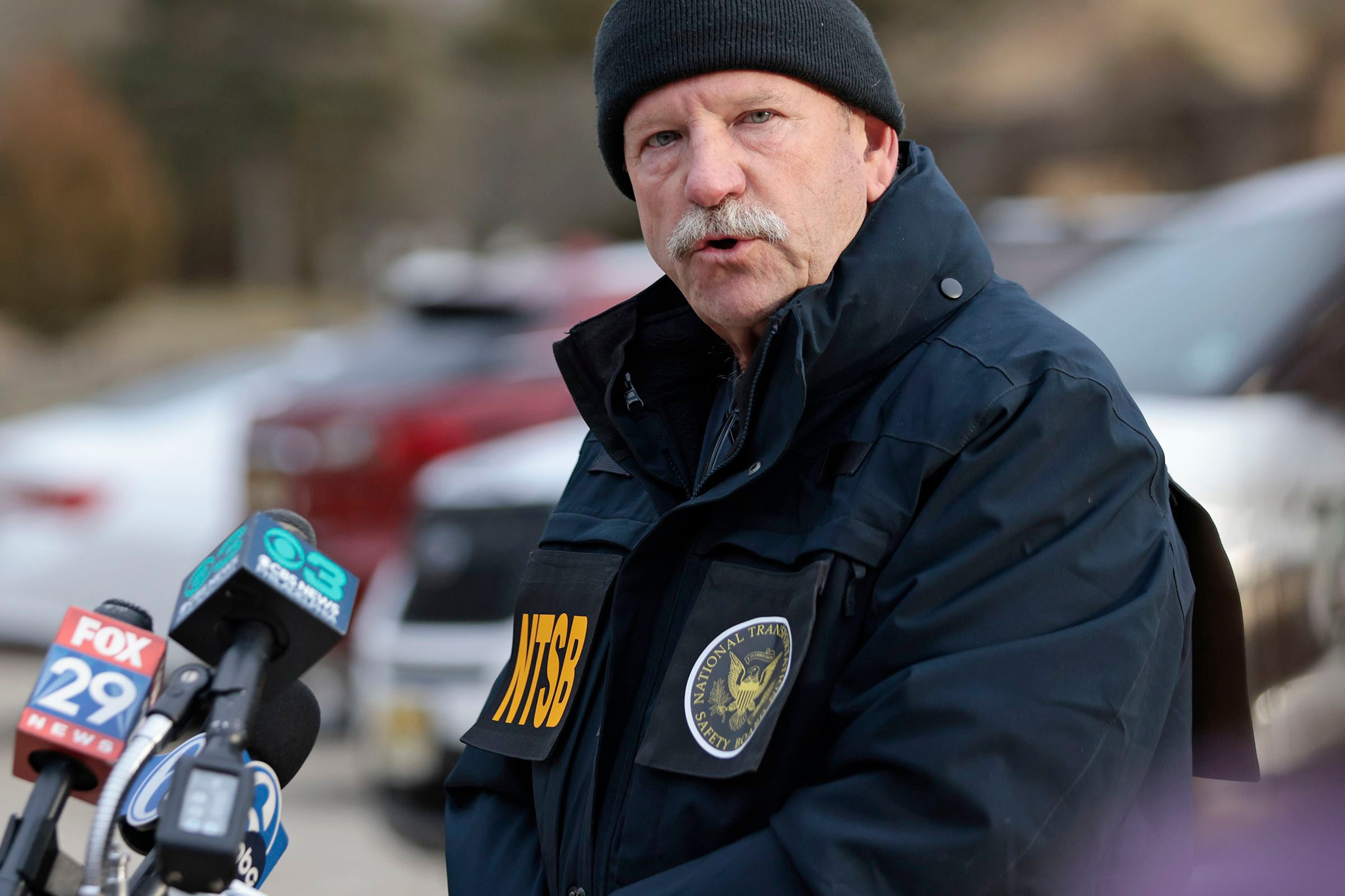 National Transportation Safety Board investigator-in-charge Todd Gunther at a media briefing on the investigation of the 6abc helicopter crash in Burlington County that killed the pilot and a photographer. (Elizabeth Robertson/The Philadelphia Inquirer/TNS)