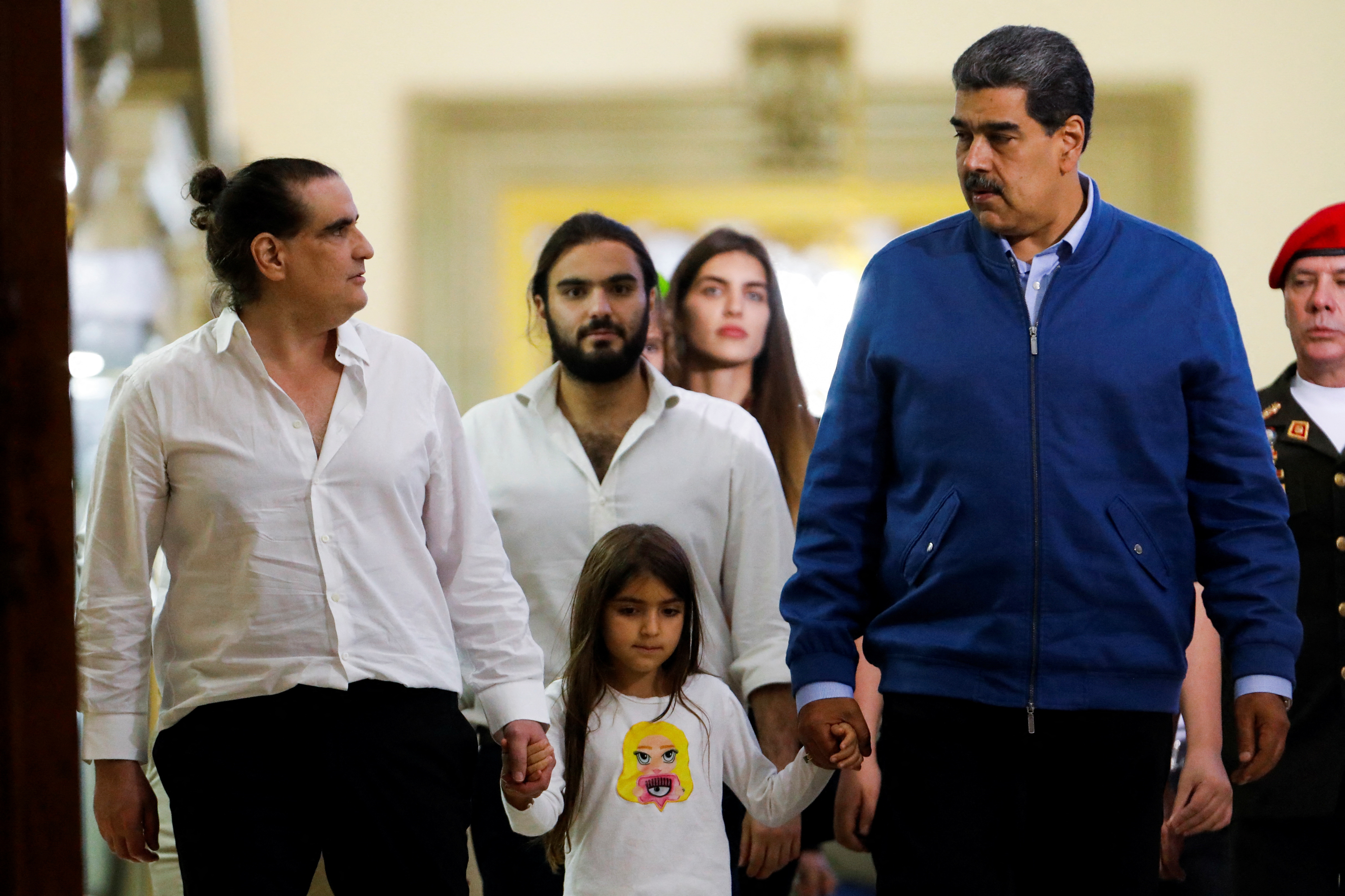 Alex Saab, who was facing U.S. bribery charges, leaves the Miraflores Palace accompanied by his family and Venezuelan President Nicolas Maduro, after he was released by the U.S. government in a prisoner swap, in Caracas, Venezuela, December 20, 2023. 