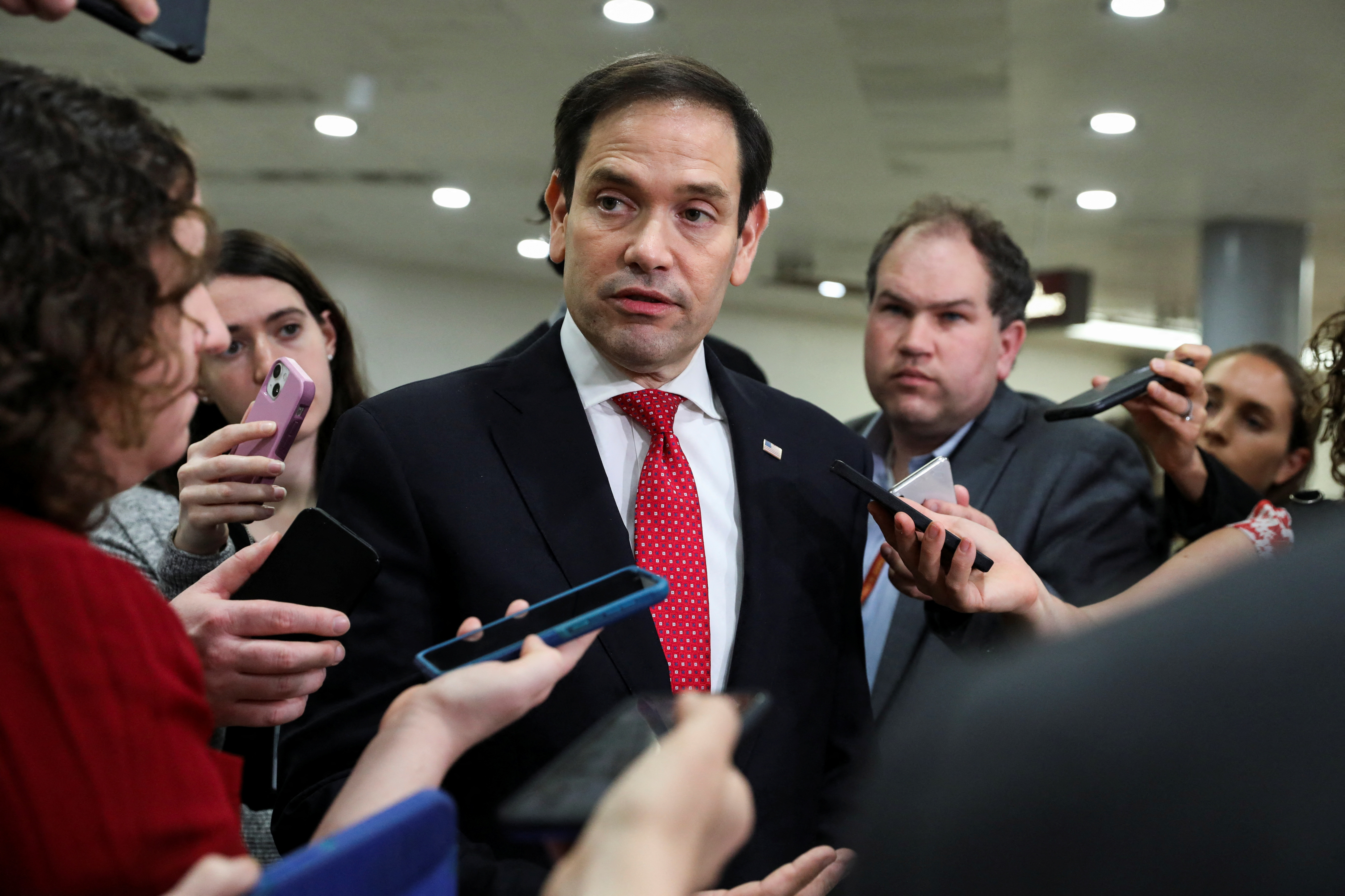 U.S. Senator Marco Rubio (R-FL) speaks to reporters following a closed briefing for all senators to discuss the leak of classified U.S. intelligence documents on the war in Ukraine, on Capitol Hill in Washington, U.S., April 19, 2023. 