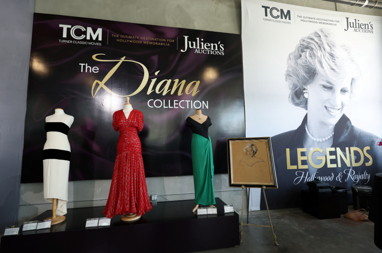 Dresses that belonged to Princess Diana and a sketch study portrait are on display ahead of the auction Legends: Hollywood & Royalty at Julien's Auctions in Beverly Hills, California, Aug. 28, 2023.