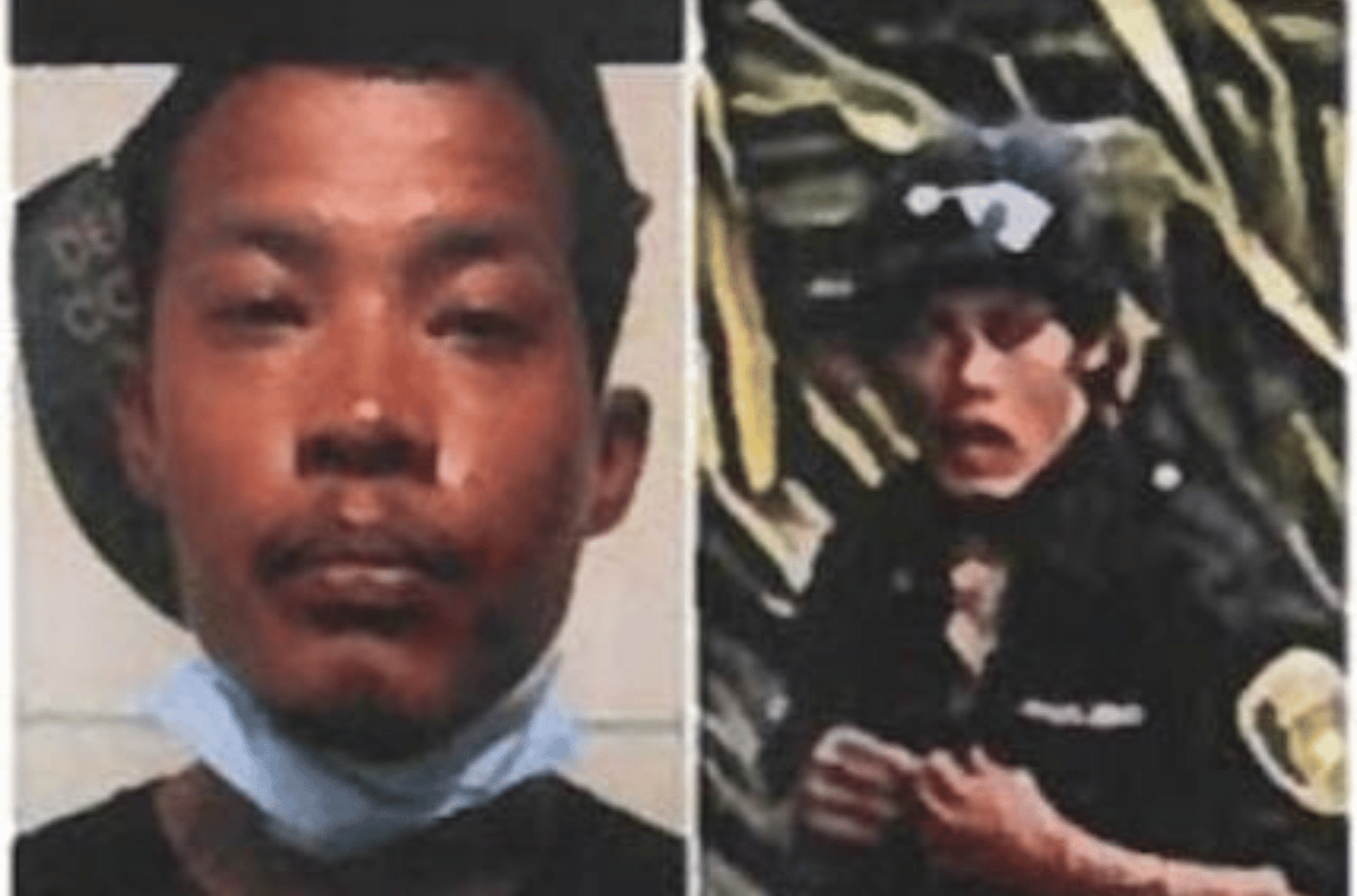 Alcander Salas shown on the left in a March 2021 booking photo. The right photo is from surveillance footage taken in April. 