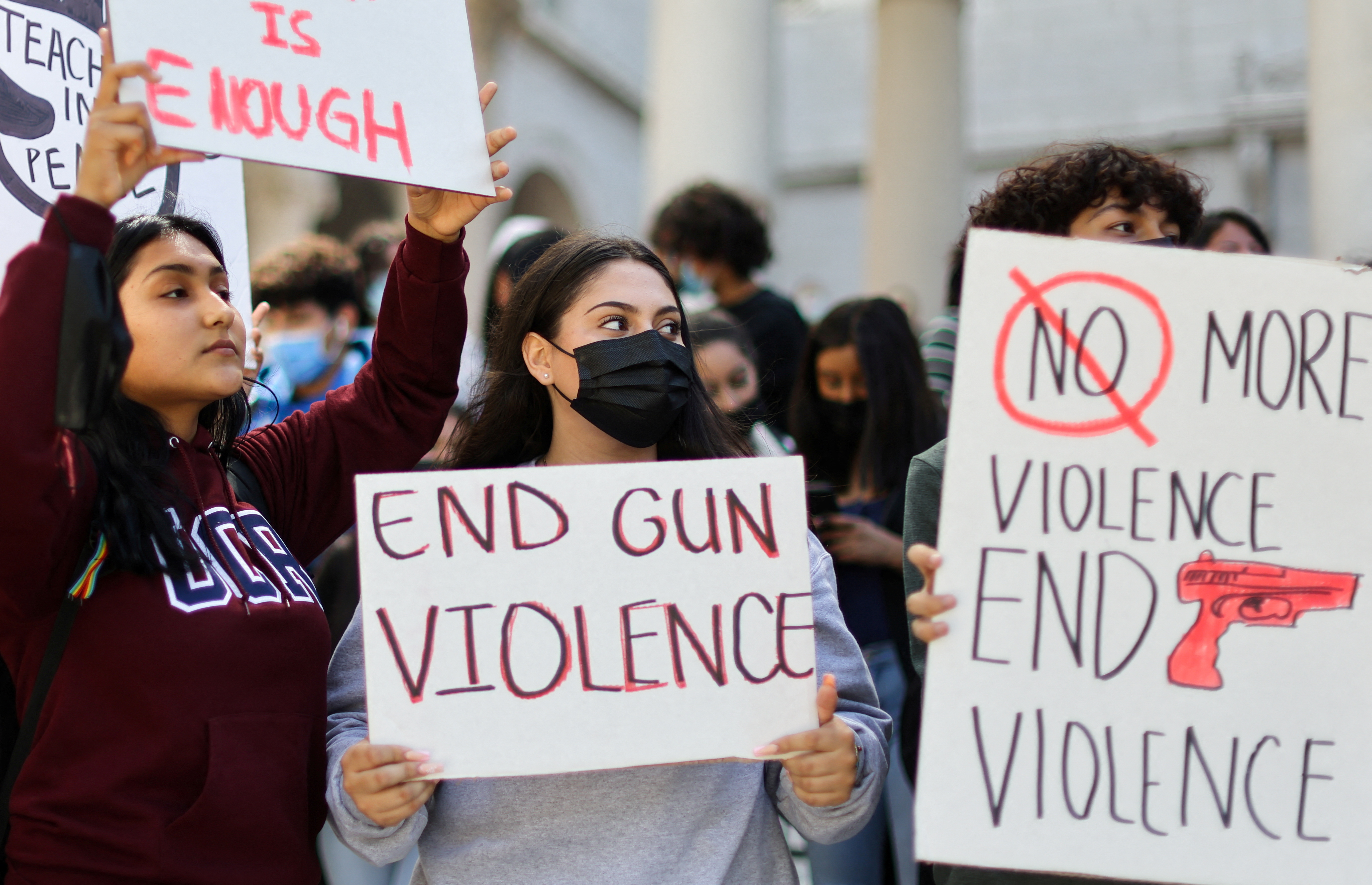 Students from Miguel Contreras Learning Center high school in Los Angeles demonstrate in front of City Hall after walking out of school to protest U.S. gun violence, California, U.S., May 31, 2022. 