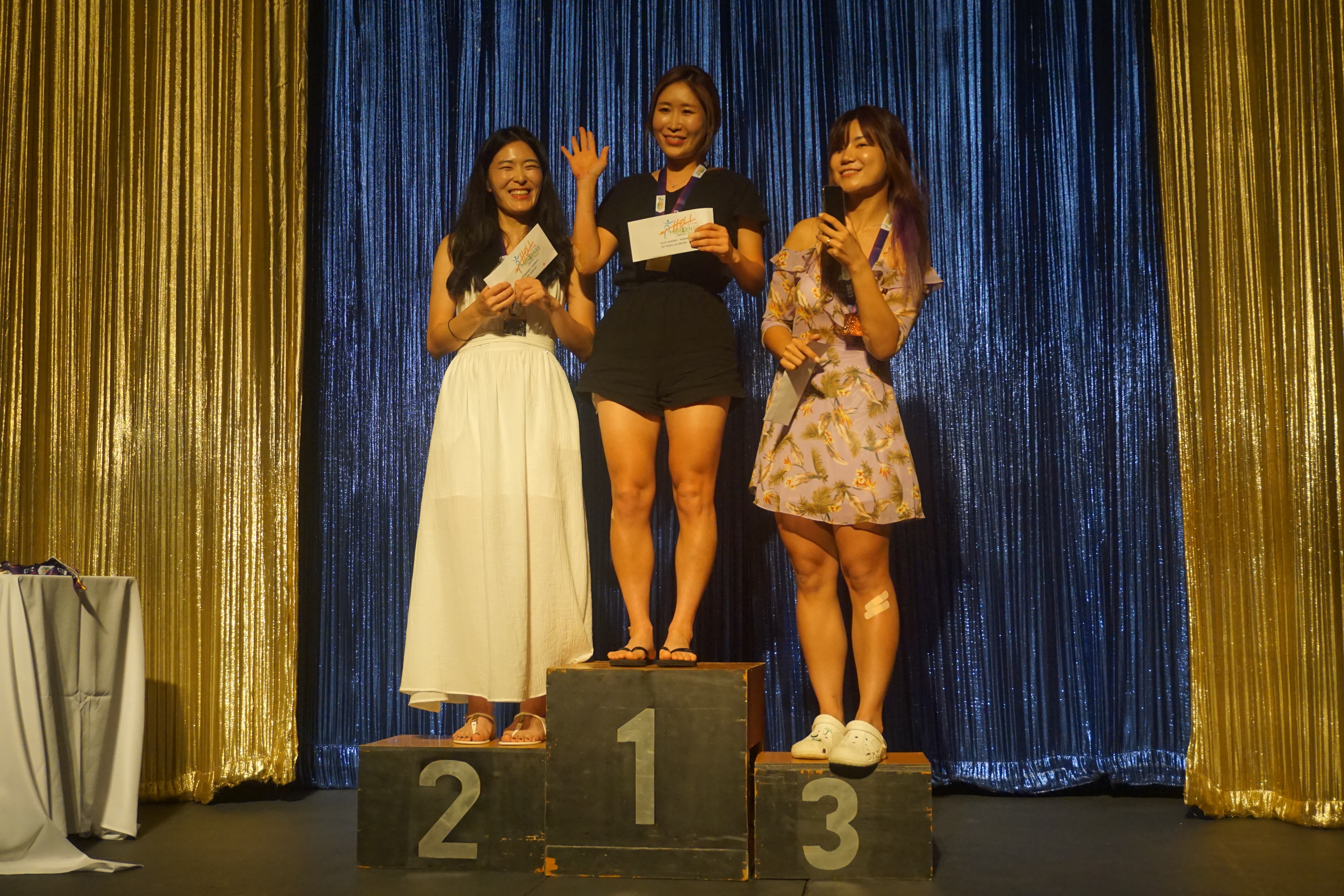 South Korea's Miso Kim, center, Jiseon Jang, left, and Jo Ara  were the top three cyclists in the pro/elite women's division of the 2023 Hell of the Marianas.