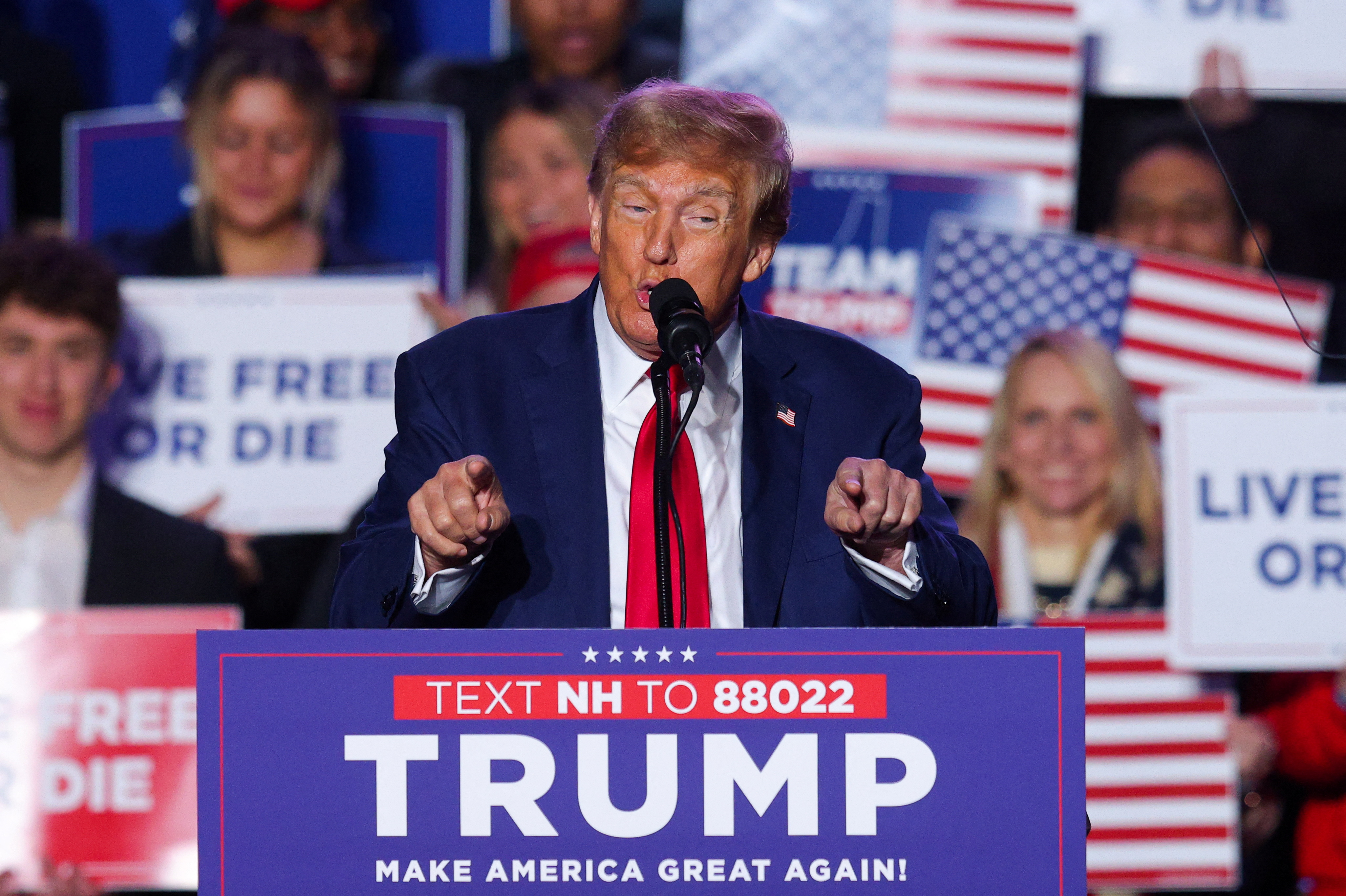Republican presidential candidate and former U.S. President Donald Trump speaks at a rally in Durham, New Hampshire, U.S. December 16, 2023. 