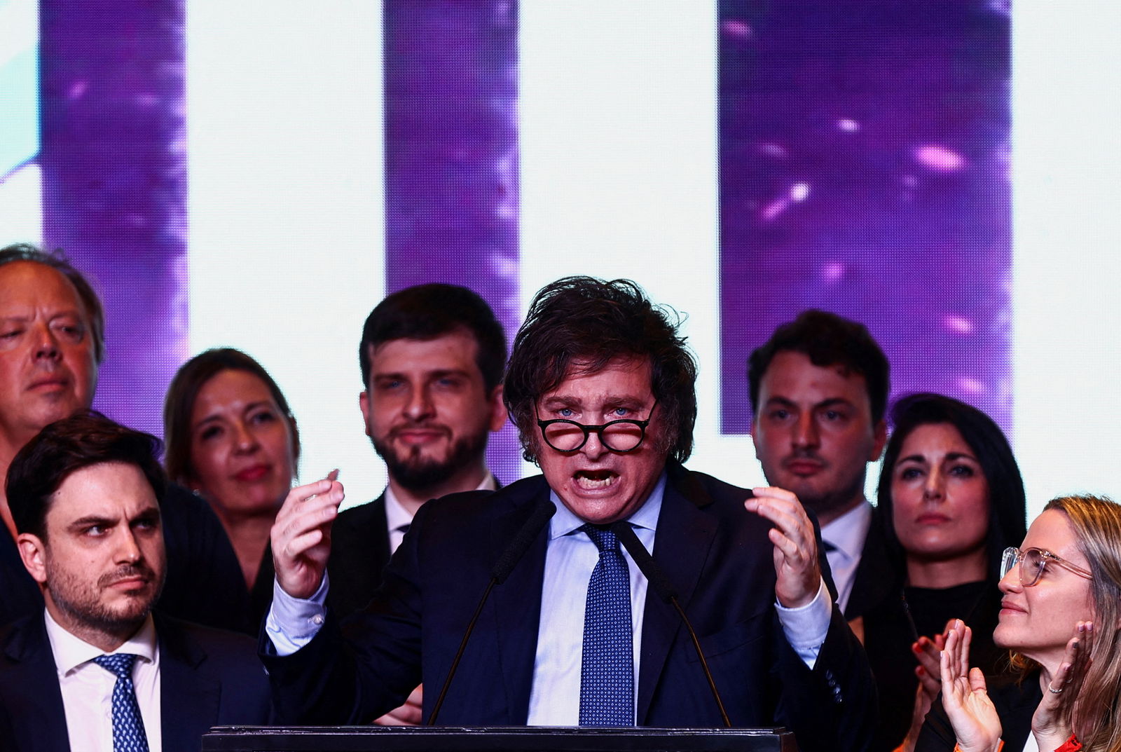 Argentina's presidential candidate Javier Milei addresses supporters as he reacts to the results of the presidential election, in Buenos Aires, Argentina October 22, 2023. 