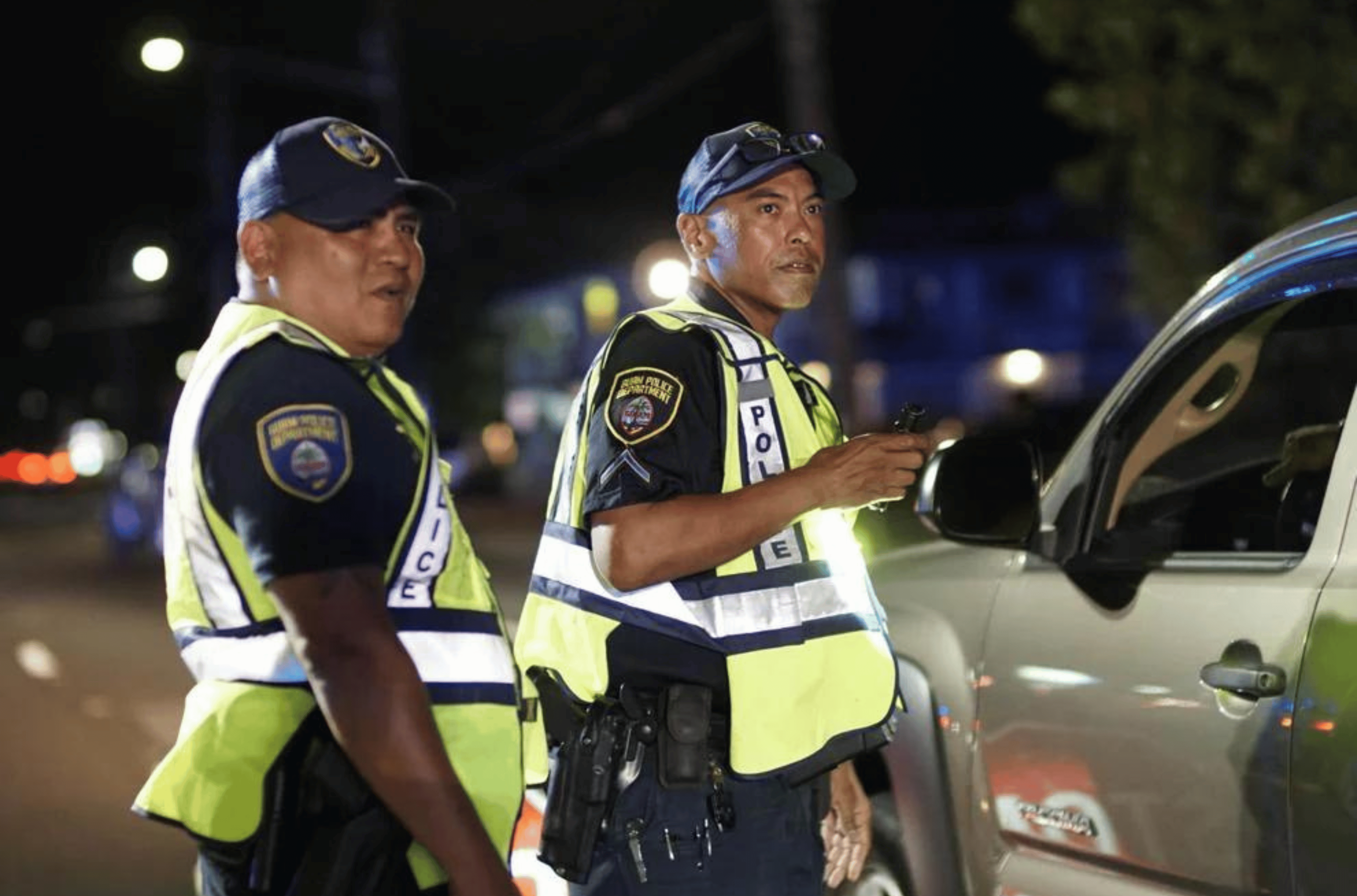 Guam Police Department officers man a DUI checkpoint on April 24, 2019, in Hagåtña. 
