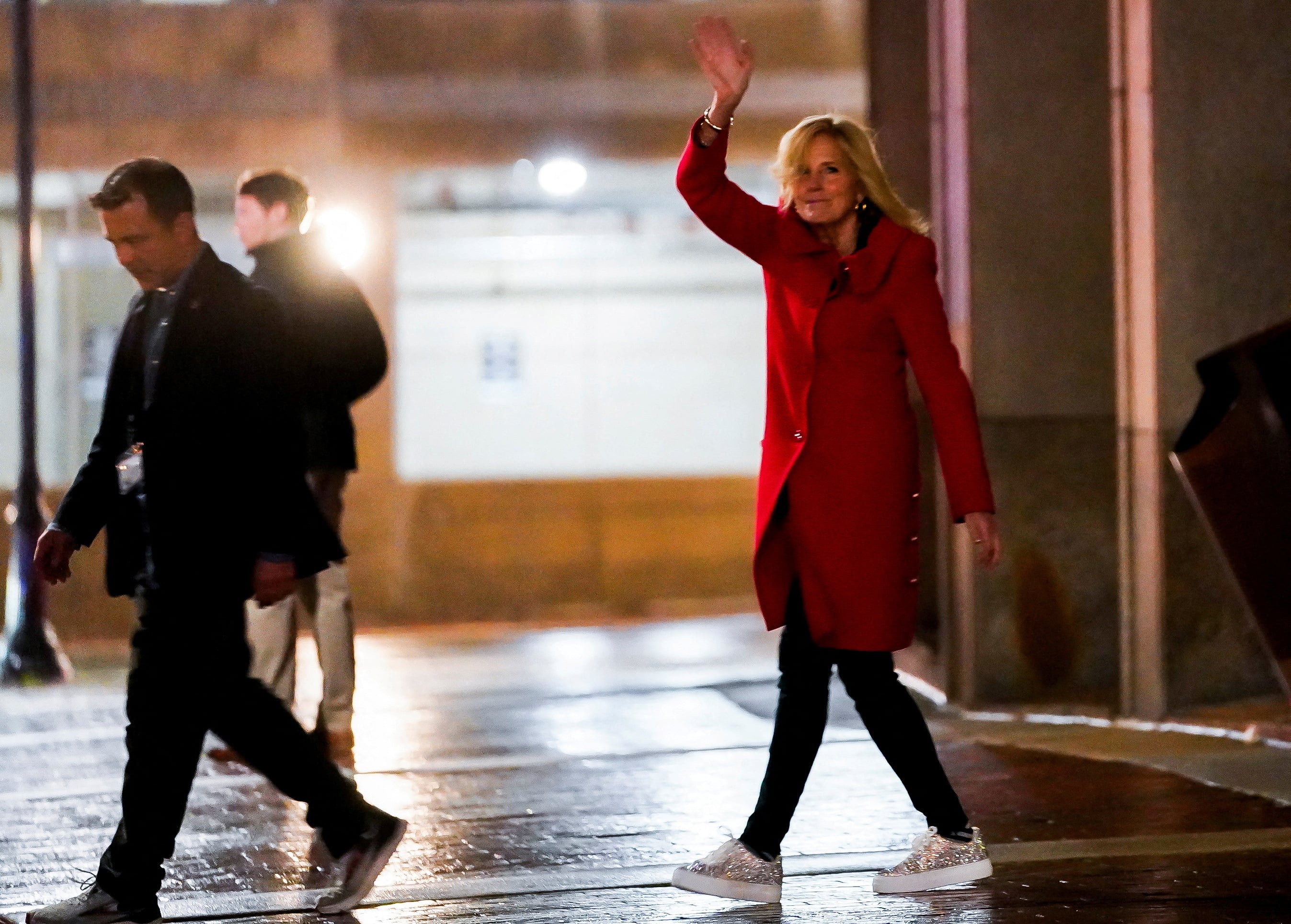 U.S. first lady Jill Biden reacts after a vehicle crashed into a Secret Service SUV that was blocking the street as U.S. President Joe Biden exited his campaign headquarters, in Wilmington, Delaware, U.S. December 17, 2023. 