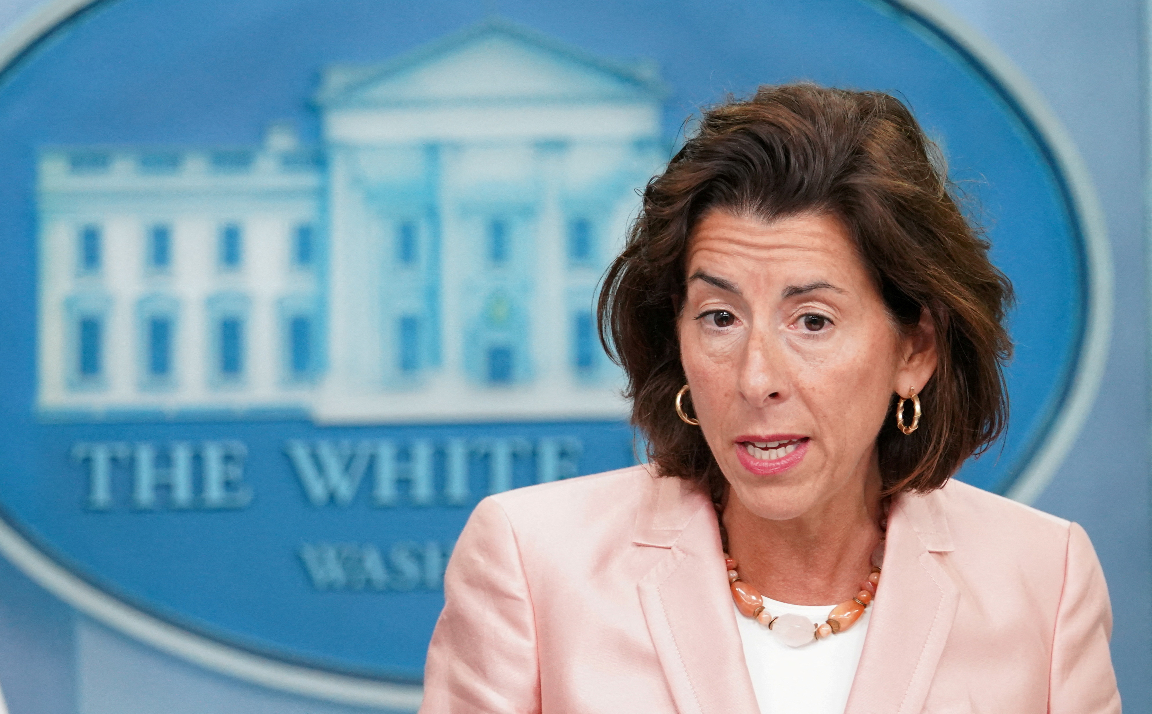 U.S. Secretary of Commerce Gina Raimondo speaks about semiconductor chips subsidies during a press briefing at the White House in Washington, U.S., September 6, 2022. 