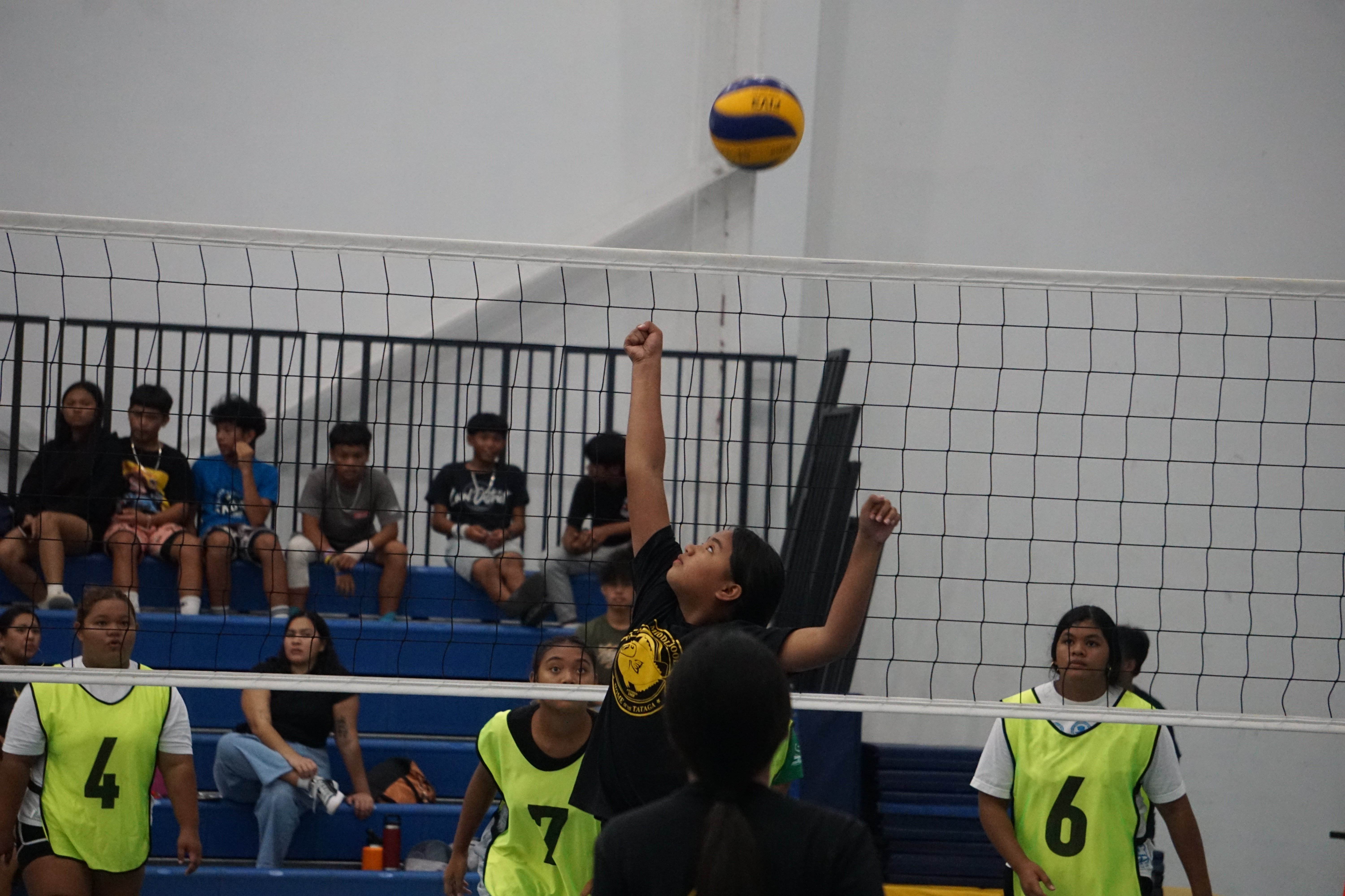 TMS' Jonielle Pua extends for the tip over during a girls middle school division game of the TakeCare-PSS Interscholastic Volleyball League SY23-24 at the Marianas High School gym on Tuesday.